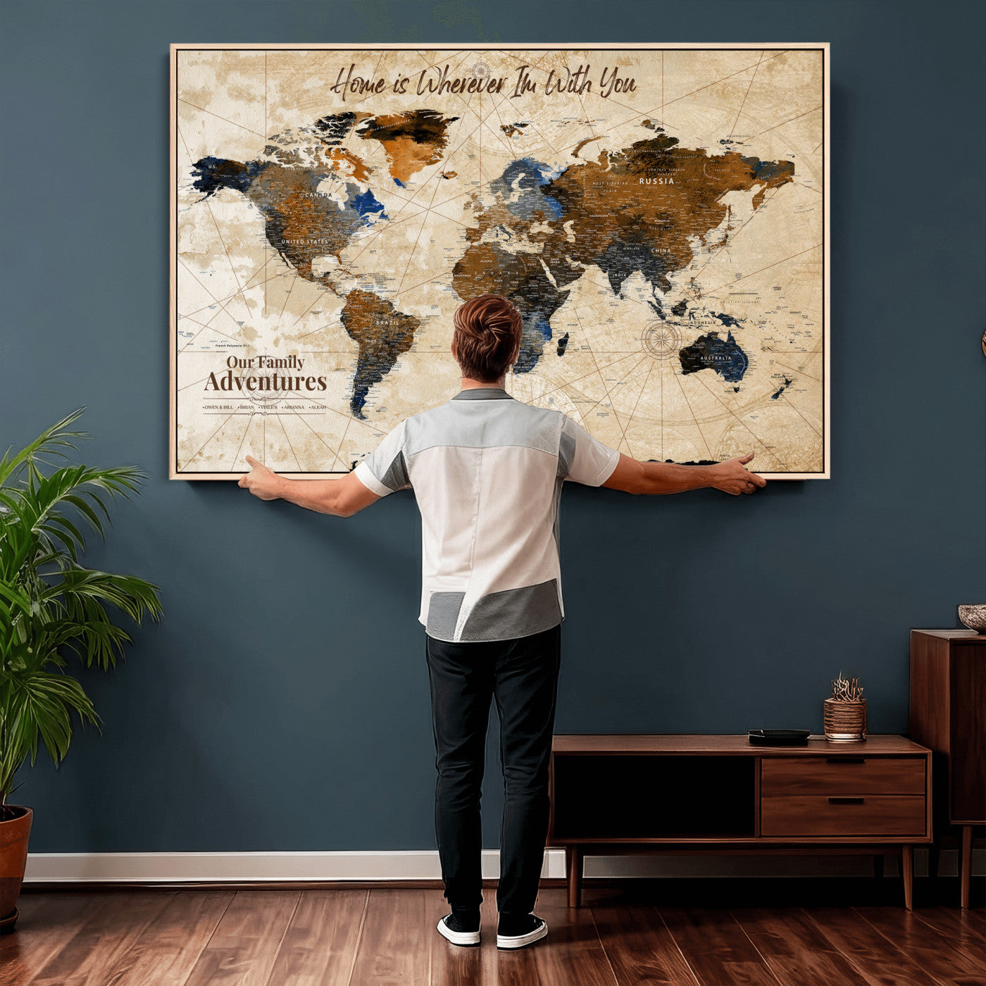 20227642-MGV-CV-36X24 - Custom Push Pin World Map Wall Art Canvas Print – Personalized Travel Tracker with Pins Framed Large for Home and Office Decor