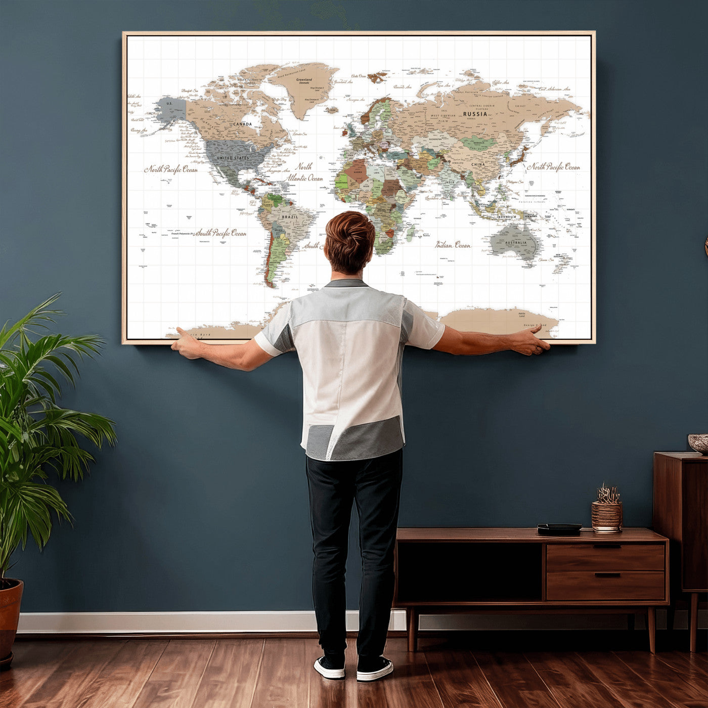 91286788-MGV-CV-36X24 - World Map Wall Art Canvas Print, Modern Decorative Framed Map Artwork Prints for Living Room, Office, Bedroom Wall Decor