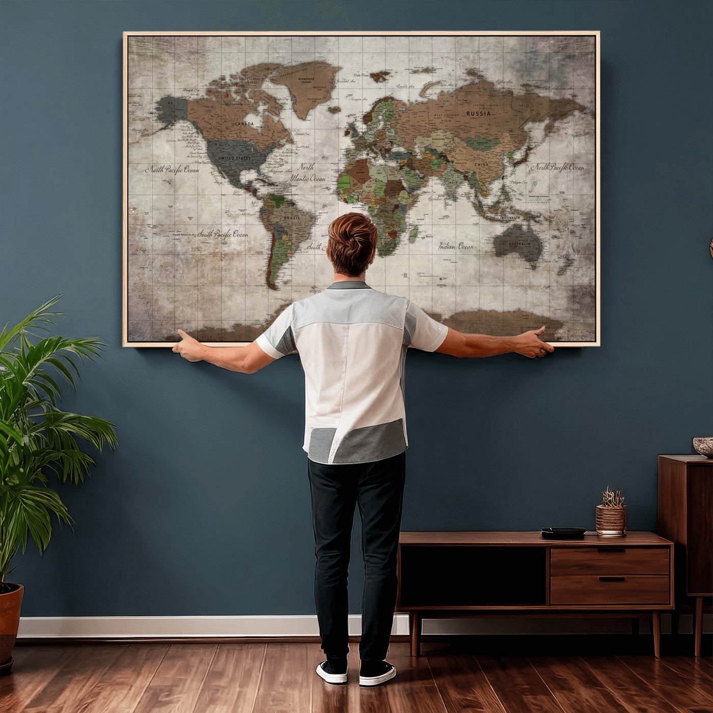 65393892-MGV-CV-36X24 - World Map Wall Art Canvas Print, Modern Decorative Framed Map Artwork Prints for Living Room, Office, Bedroom Wall Decor