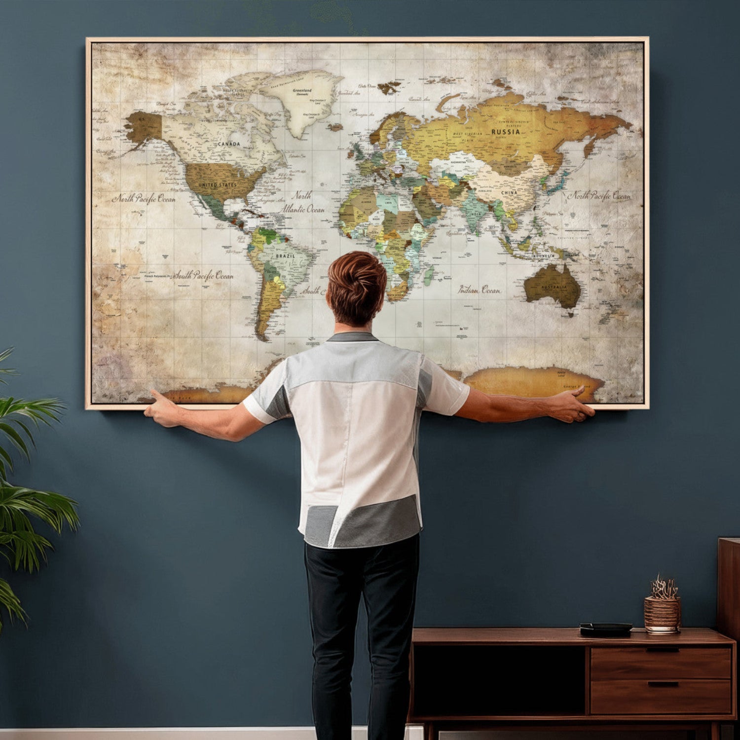 86108417-MGV-CV-36X24 - World Map Wall Art Canvas Print, Modern Decorative Framed Map Artwork Prints for Living Room, Office, Bedroom Wall Decor