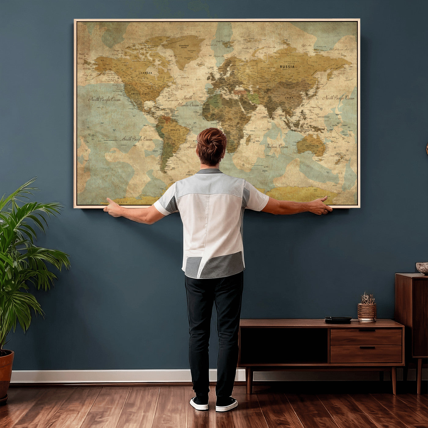89356927-MGV-CV-36X24 - World Map Wall Art Canvas Print, Modern Decorative Framed Map Artwork Prints for Living Room, Office, Bedroom Wall Decor