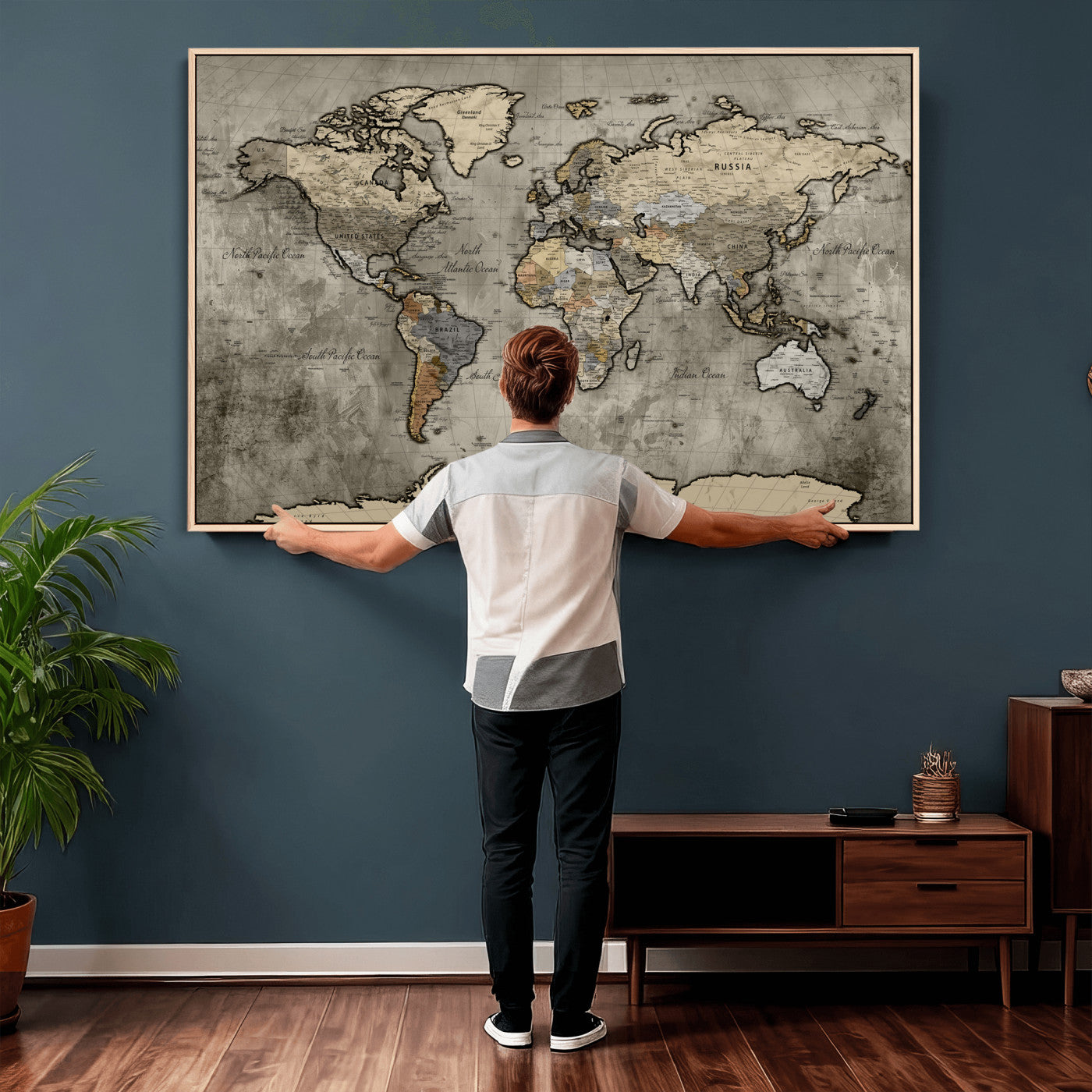 85218700-MGV-CV-36X24 - World Map Wall Art Canvas Print, Modern Decorative Framed Map Artwork Prints for Living Room, Office, Bedroom Wall Decor