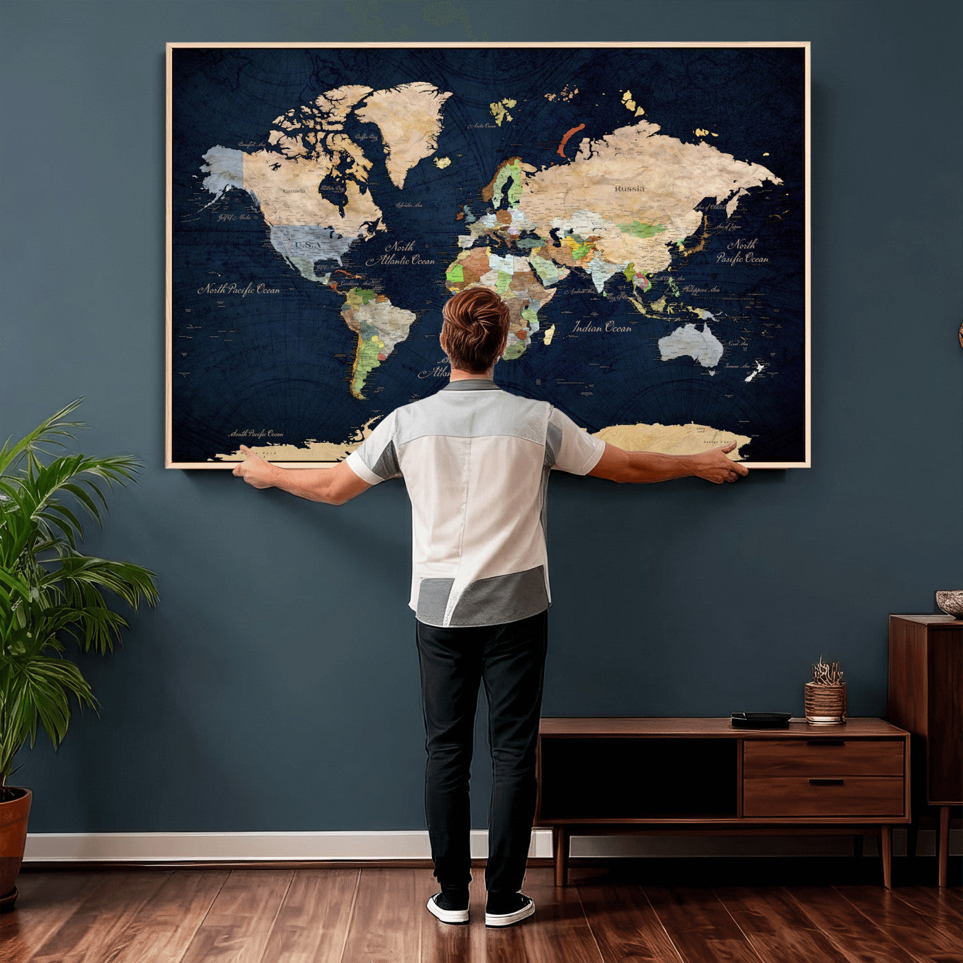 76603563-MGV-CV-36X24 - World Map Wall Art Canvas Print, Modern Decorative Framed Map Artwork Prints for Living Room, Office, Bedroom Wall Decor