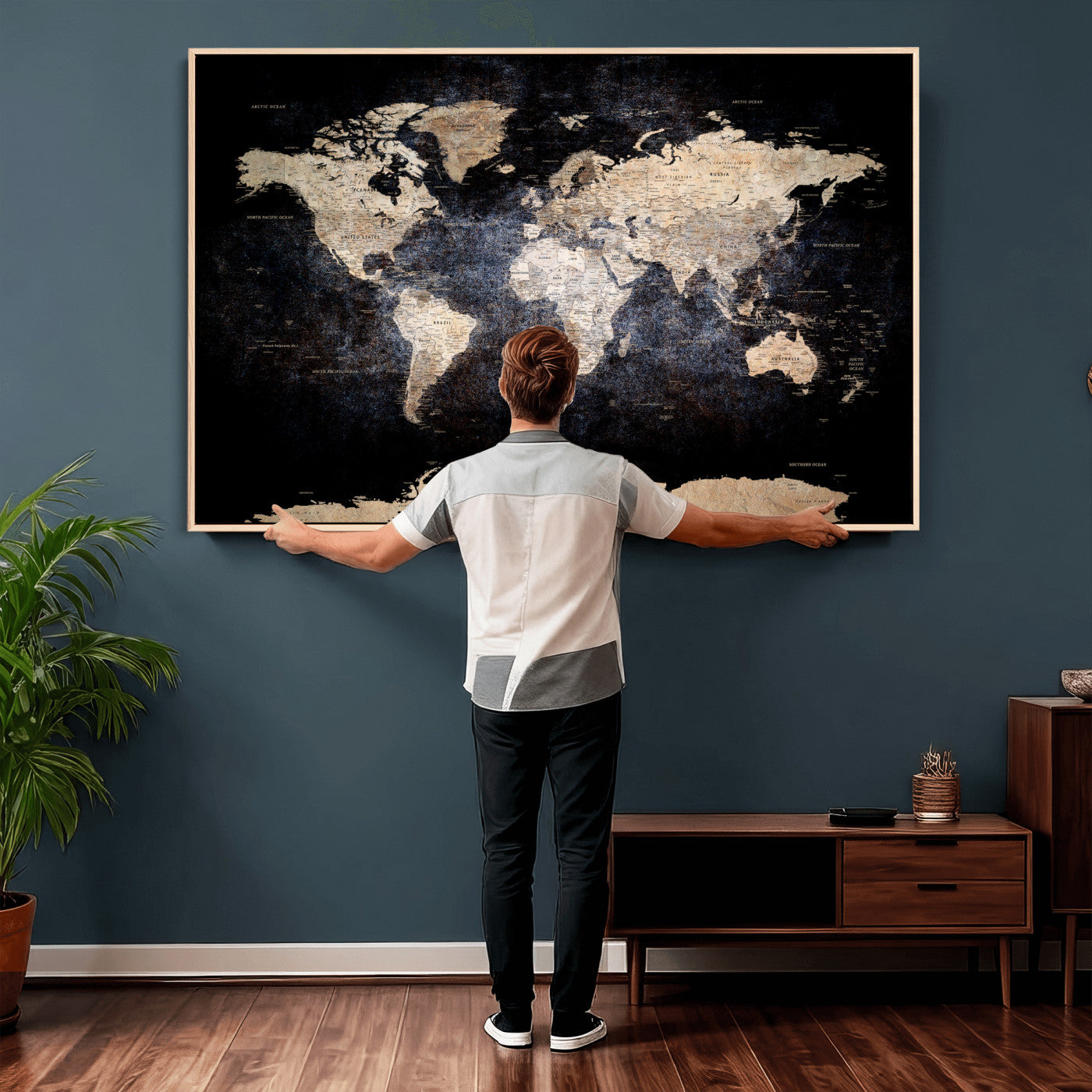 56713386-MGV-CV-36X24 - World Map Wall Art Canvas Print, Modern Decorative Framed Map Artwork Prints for Living Room, Office, Bedroom Wall Decor