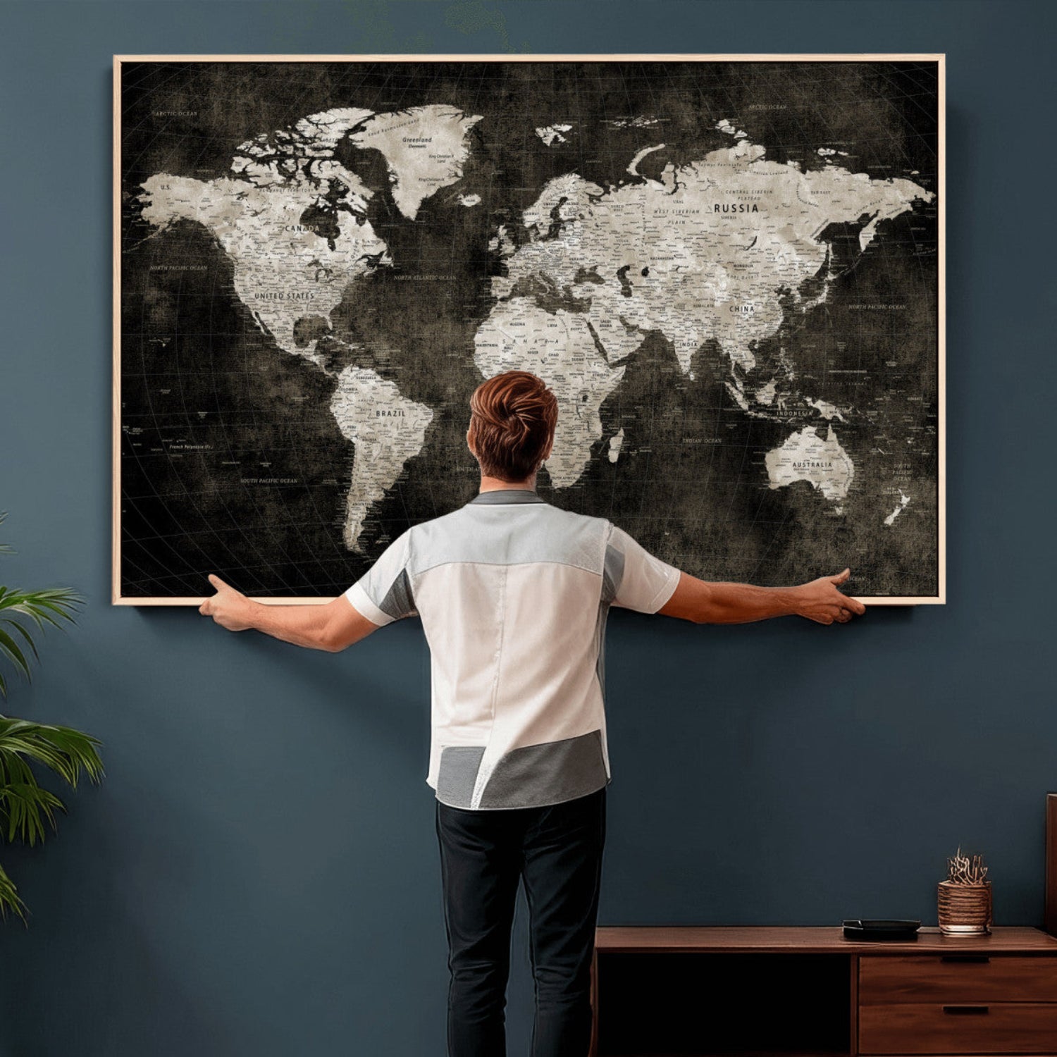94581666-MGV-CV-36X24 - World Map Wall Art Canvas Print, Modern Decorative Framed Map Artwork Prints for Living Room, Office, Bedroom Wall Decor
