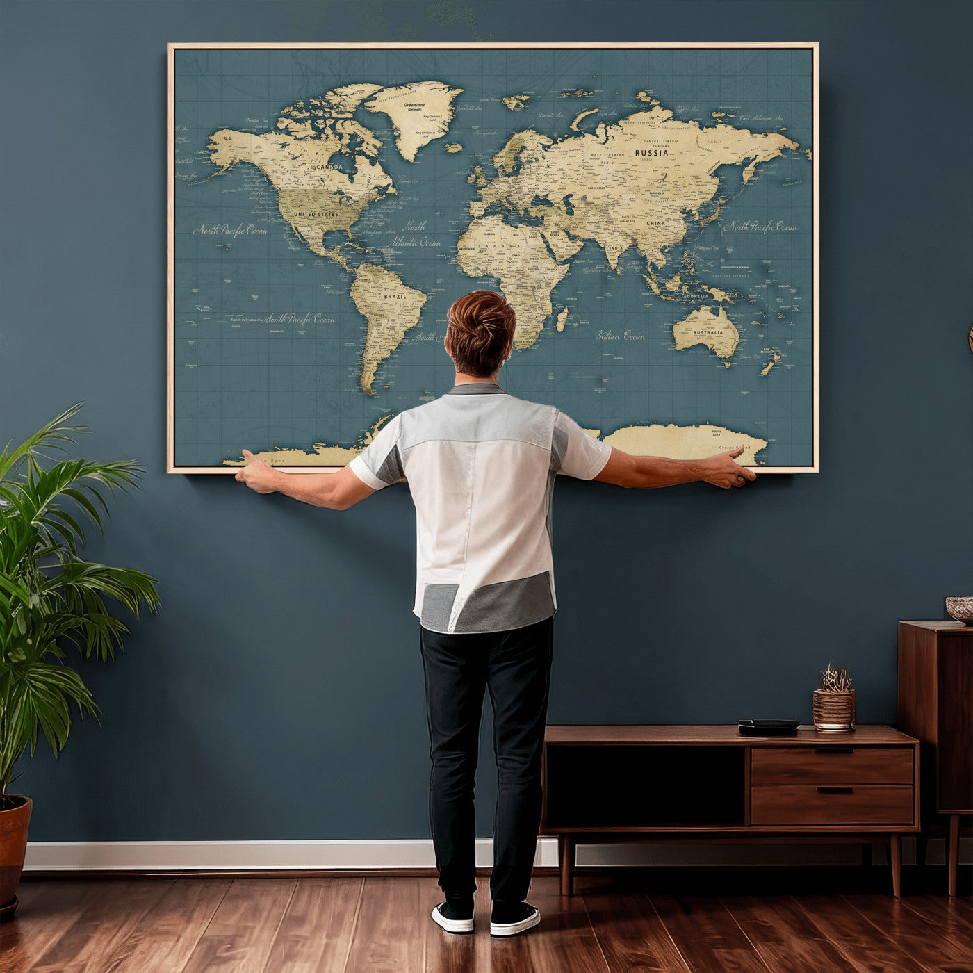 99599383-MGV-CV-36X24 - World Map Wall Art Canvas Print, Modern Decorative Framed Map Artwork Prints for Living Room, Office, Bedroom Wall Decor