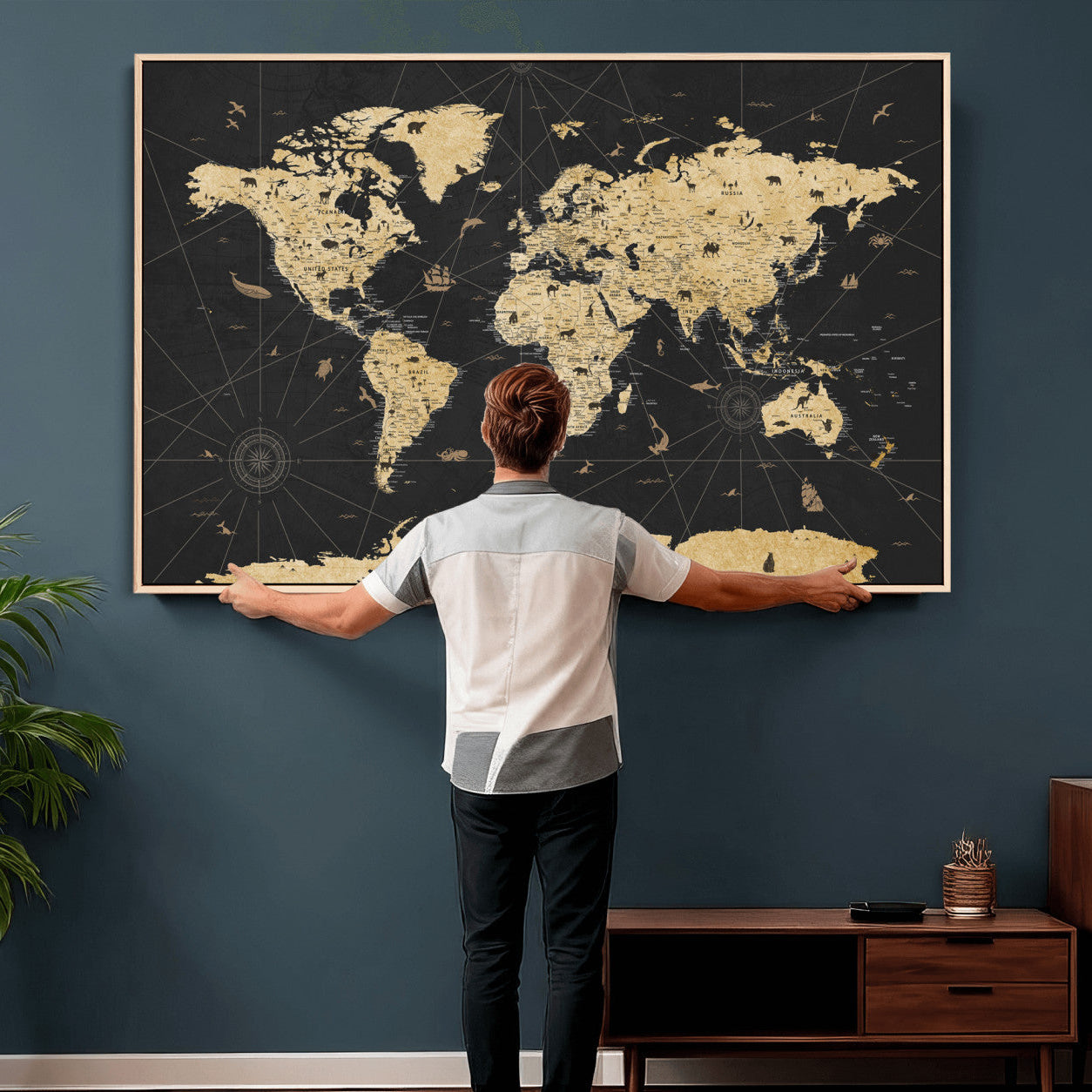 80270976-MGV-CV-36X24 - World Map Wall Art Canvas Print, Modern Decorative Framed Map Artwork Prints for Living Room, Office, Bedroom Wall Decor