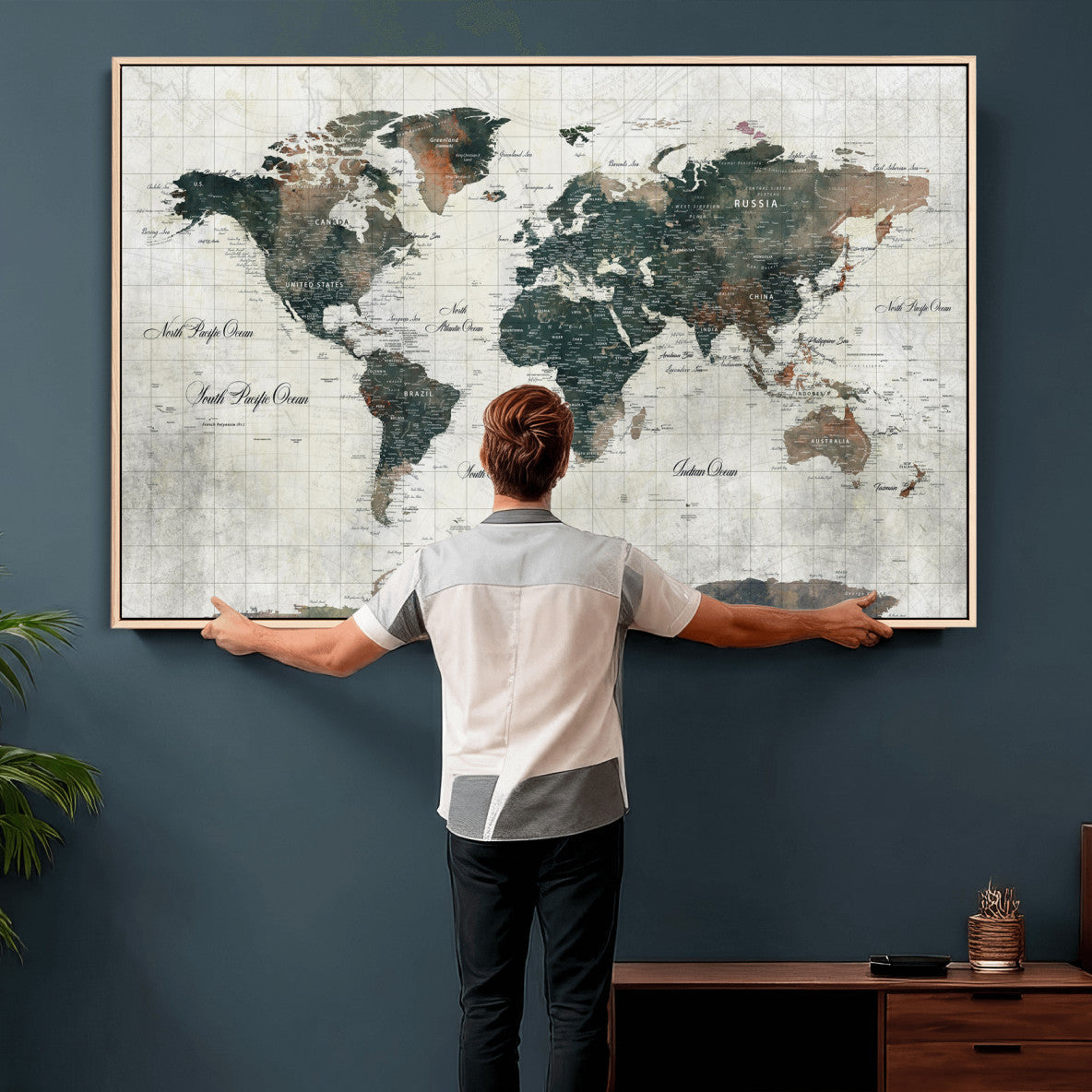 91179593-MGV-CV-36X24 - World Map Wall Art Canvas Print, Modern Decorative Framed Map Artwork Prints for Living Room, Office, Bedroom Wall Decor