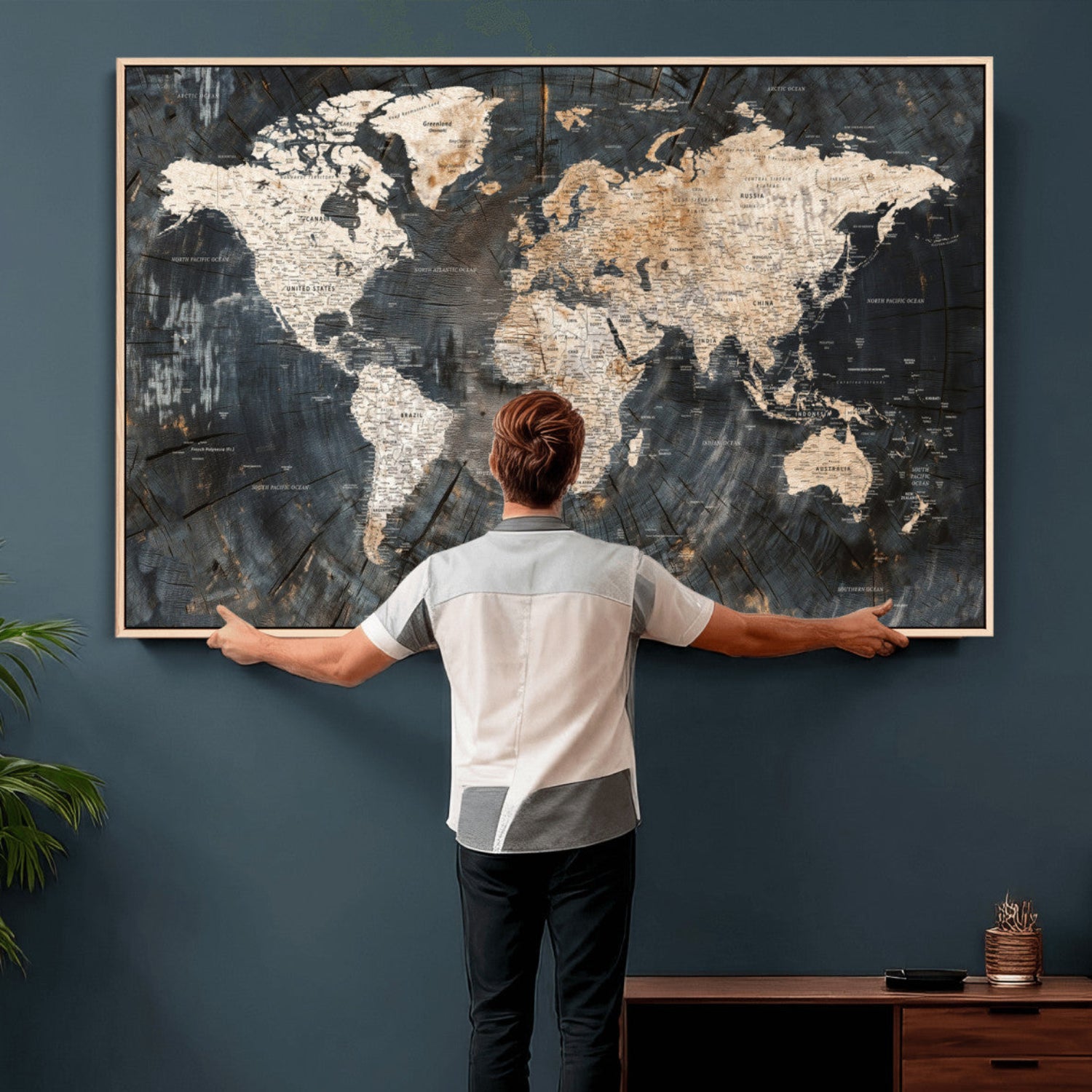 89162112-MGV-CV-36X24 - World Map Wall Art Canvas Print, Modern Decorative Framed Map Artwork Prints for Living Room, Office, Bedroom Wall Decor