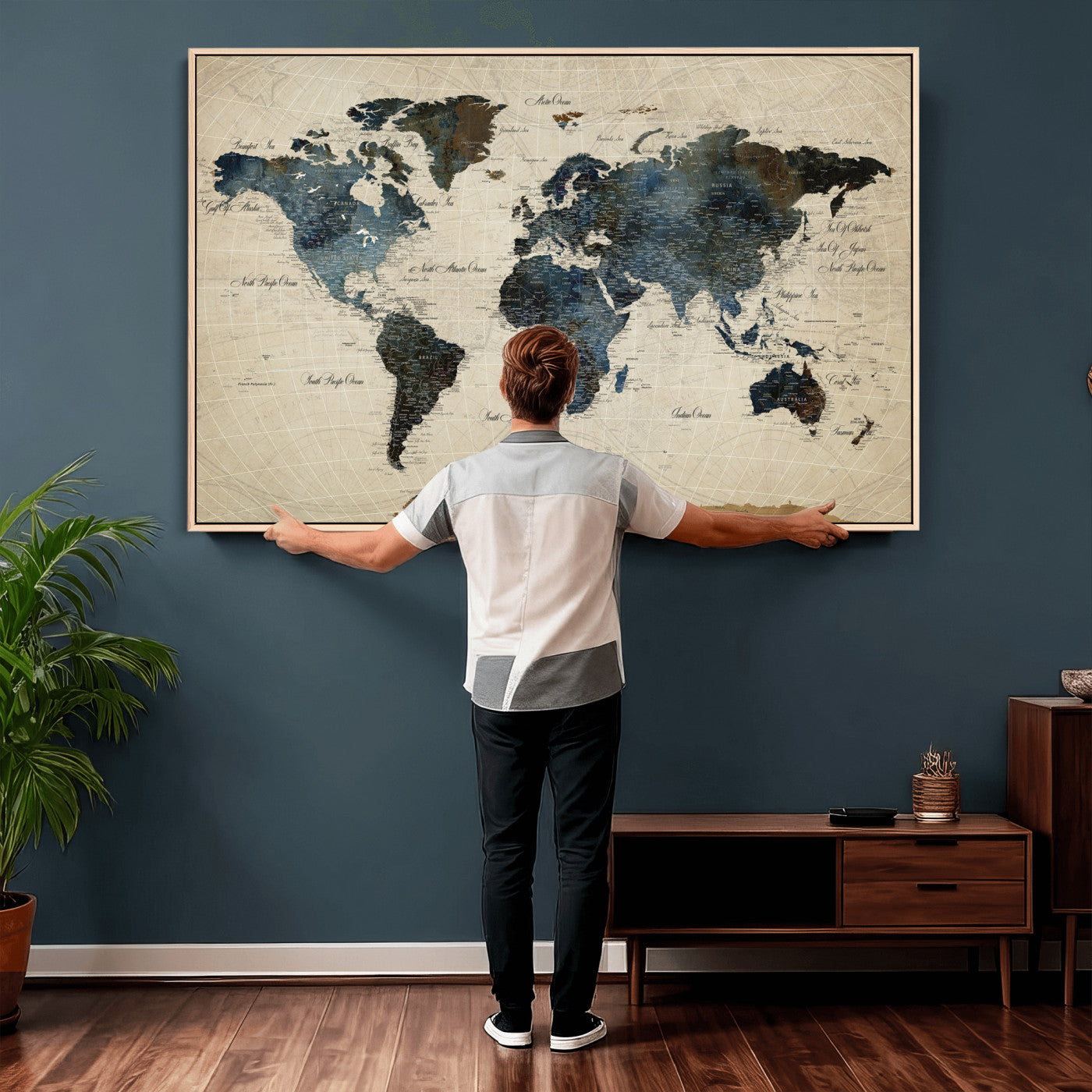 72927803-MGV-CV-36X24 - World Map Wall Art Canvas Print, Modern Decorative Framed Map Artwork Prints for Living Room, Office, Bedroom Wall Decor