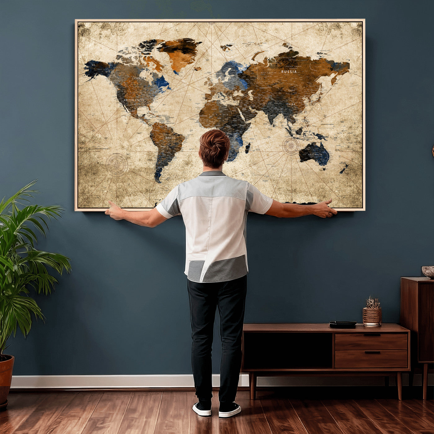 27163414-MGV-CV-36X24 - World Map Wall Art – Rustic Earth Tone Canvas Print, Antique Travel Map Design for Living Room, Office or Study, Classic Adventure Decor