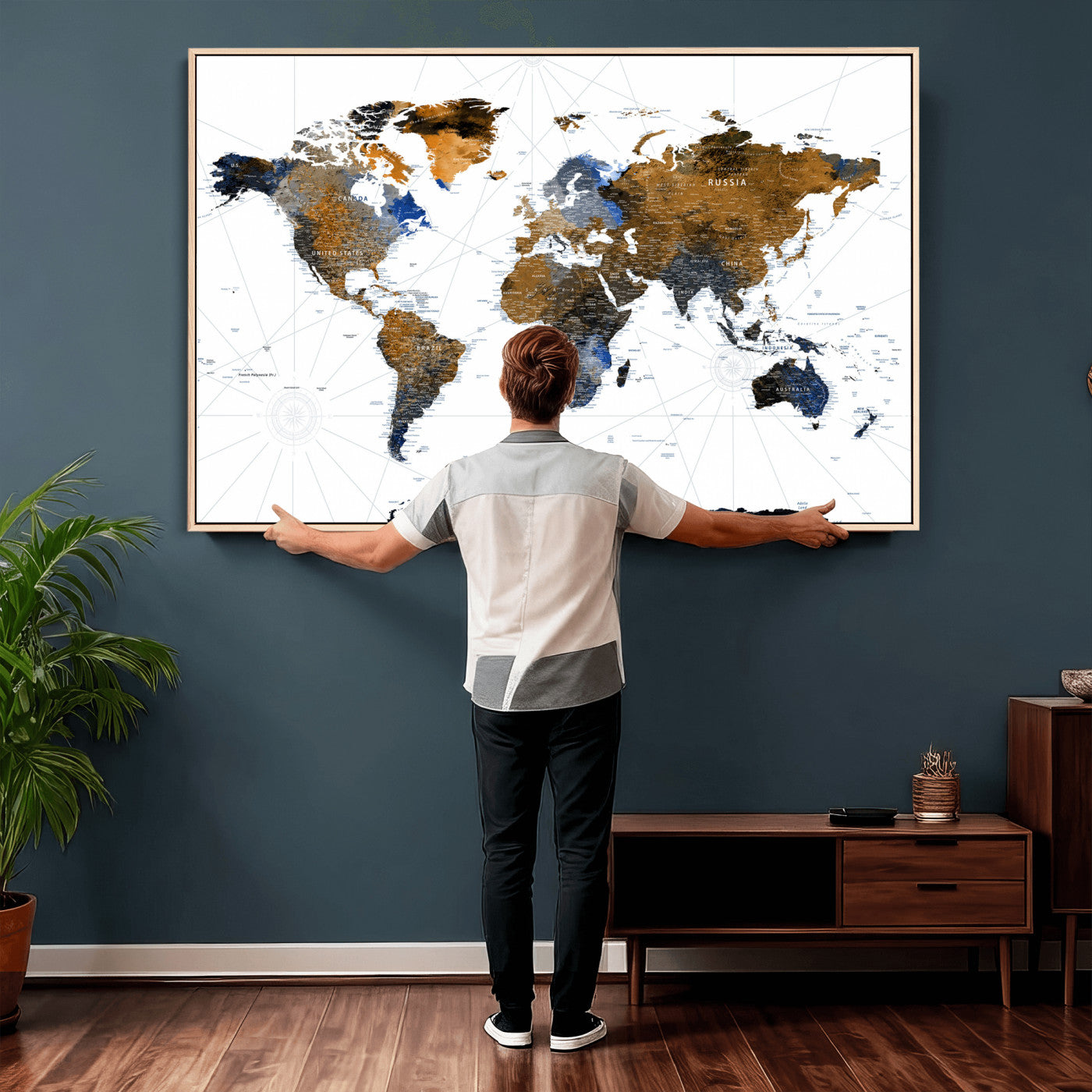 56364879-MGV-CV-36X24 - World Map Wall Art Canvas Print, Modern Decorative Framed Map Artwork Prints for Living Room Decor