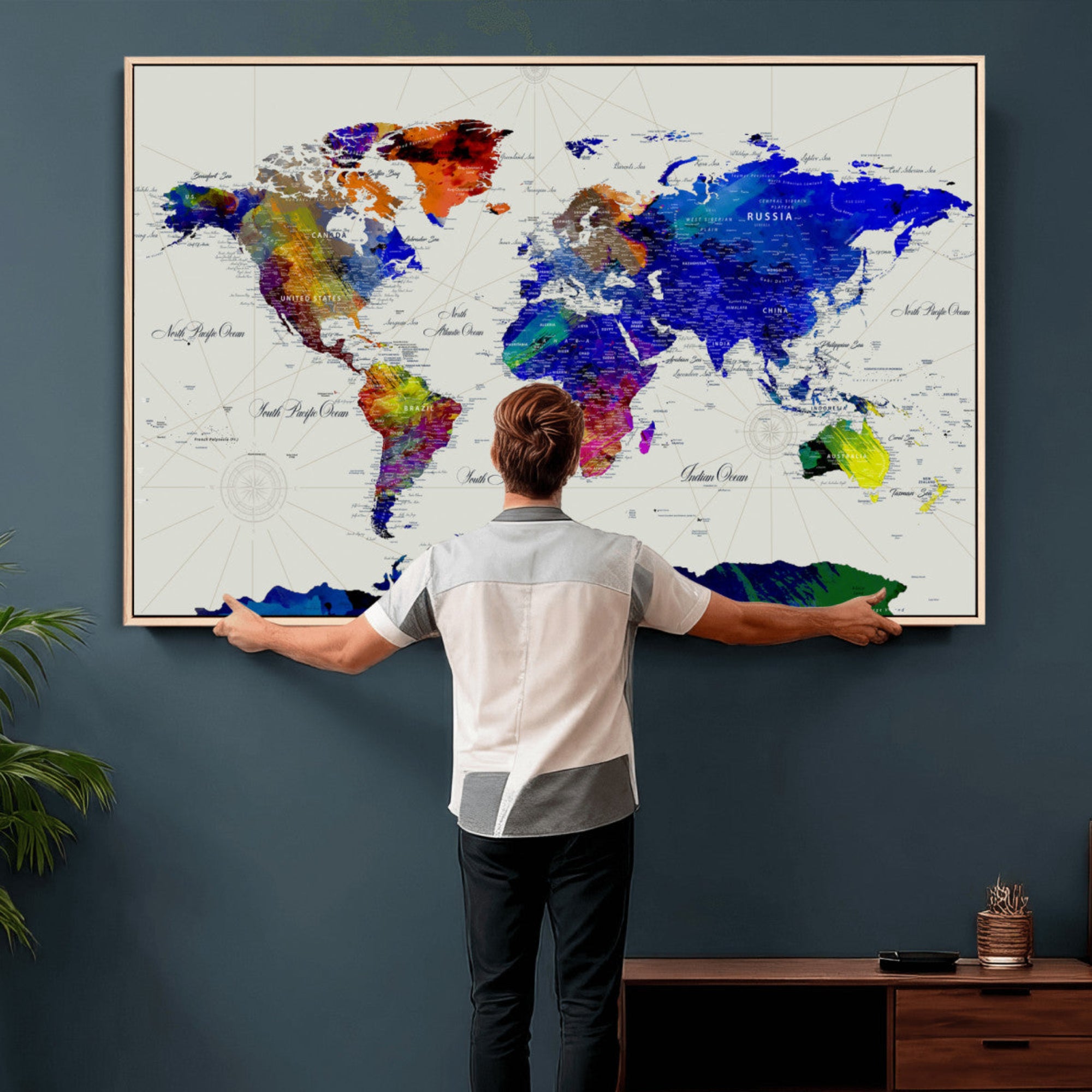 49670038-MGV-CV-36X24 - World Map Wall Art Canvas Print, Modern Decorative Framed Map Artwork Prints for Living Room, Office Decor