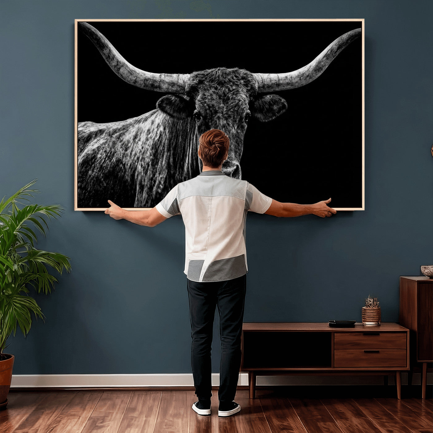 86568508-MGV-CV-36X24 - Vintage Texas Longhorn Bull Wall Art Canvas Print, Texas Cow Portrait Print, Framed Bull Wall Art Ready to Hang