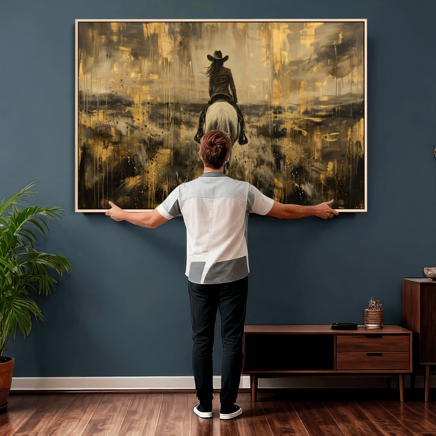 20465530-MGV-CV-36X24 - Cowgirl Wall Art Canvas Print, Western Horse Rider Wall Art, Framed Wall Art Ready to Hang