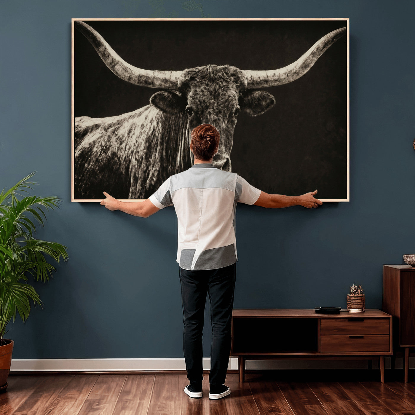74513721-MGV-CV-36X24 - Vintage Texas Longhorn Bull Wall Art Canvas Print, Cow Portrait Photography Print, Framed Wall Art Ready to Hang