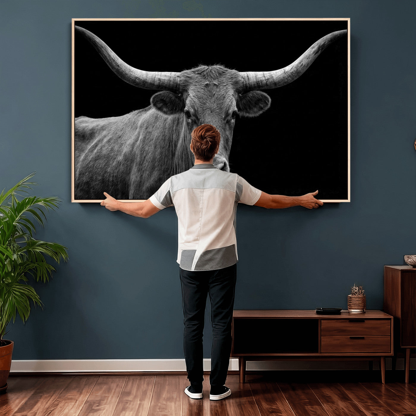 32601430-MGV-CV-36X24 - Texas Longhorn Bull Wall Art Canvas Print, Cow Portrait Photography, Framed Wall Art Ready to Hang