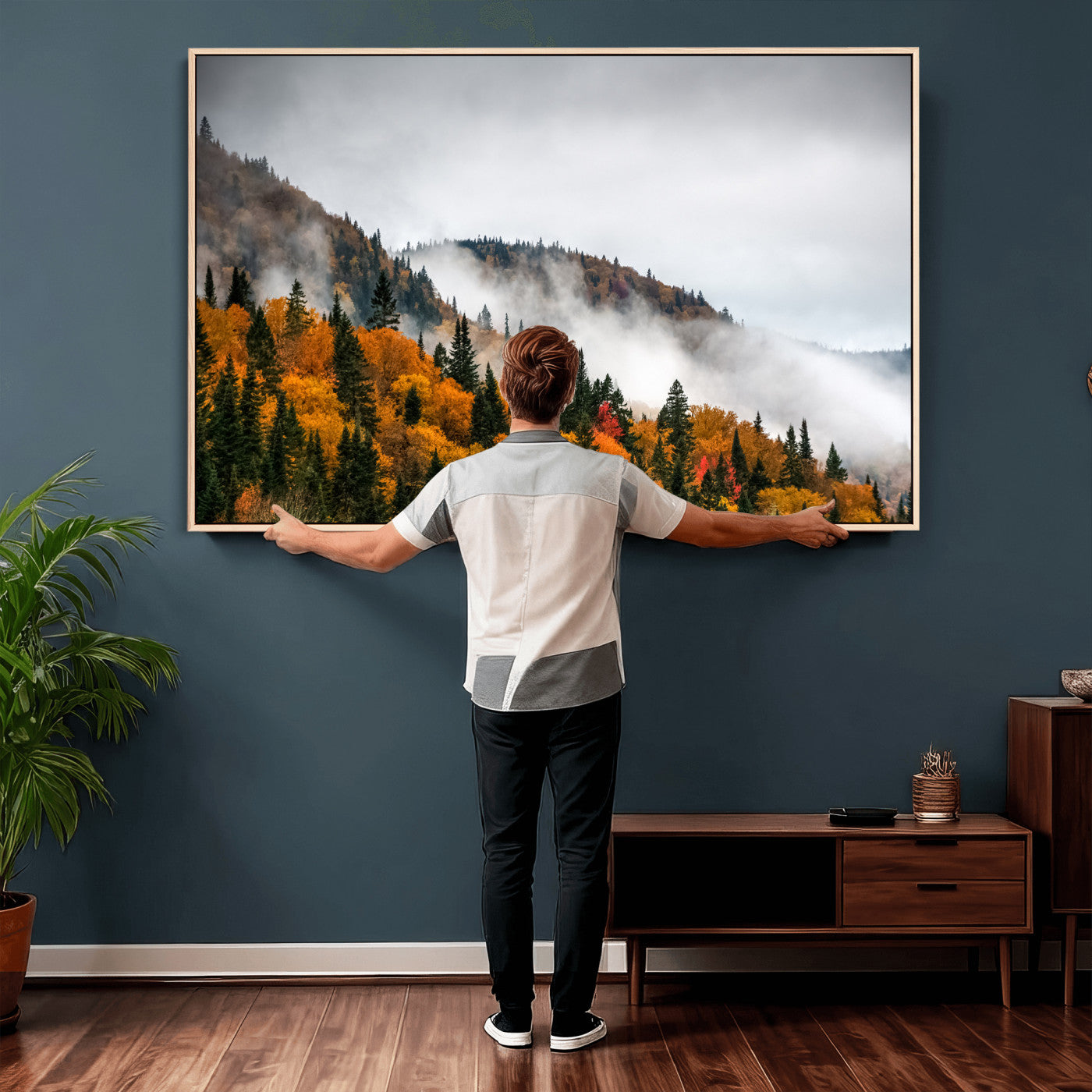 93581632-MGV-CV-36X24 - Autumn Forest Wall Art Canvas Print, Foggy Mountain Landscape Nature Photography, Framed Wall Art Ready to Hang