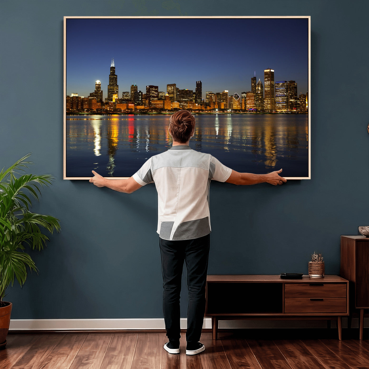 67308035-MGV-CV-36X24 - Chicago Wall Art Canvas Print, Chicago City Downtown Night Cityscape Print for Modern Urban Wall Decor