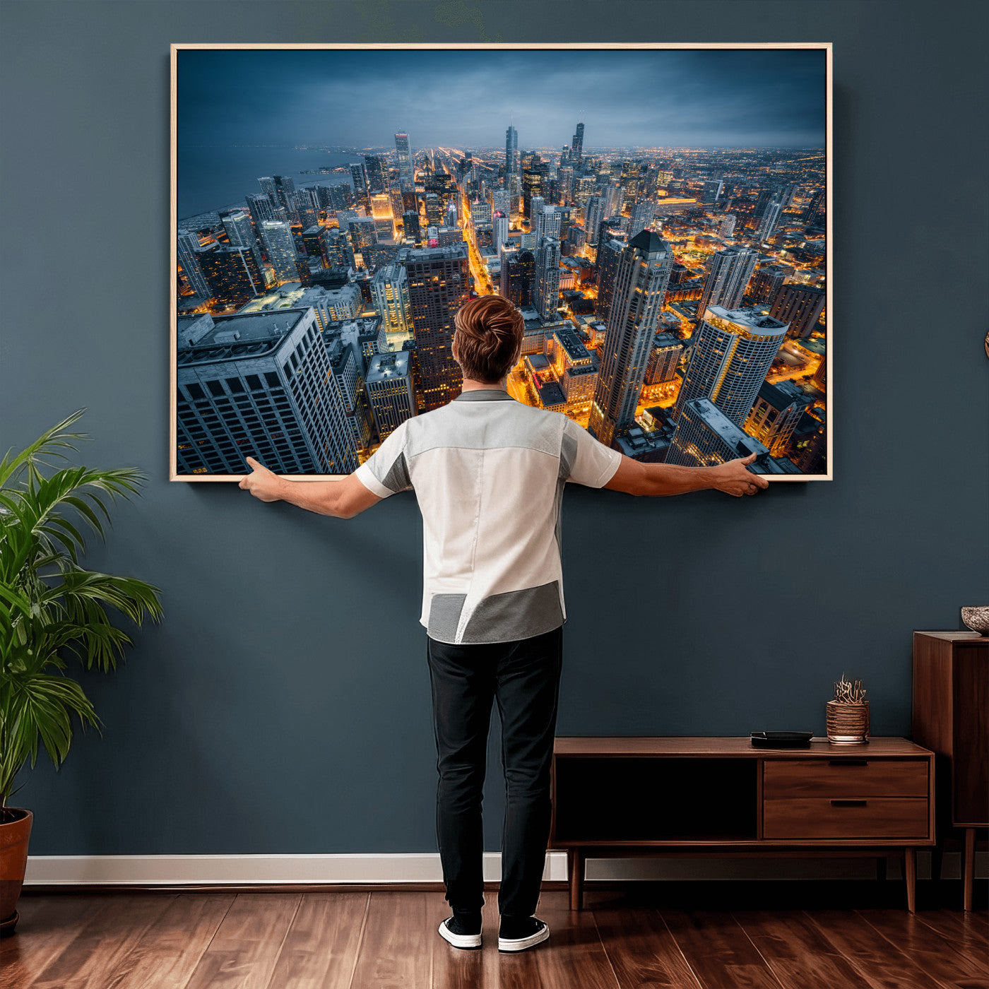 81742538-MGV-CV-36X24 - Chicago Wall Art Canvas Print, Chicago City Downtown Night Cityscape Print for Modern Urban Wall Decor