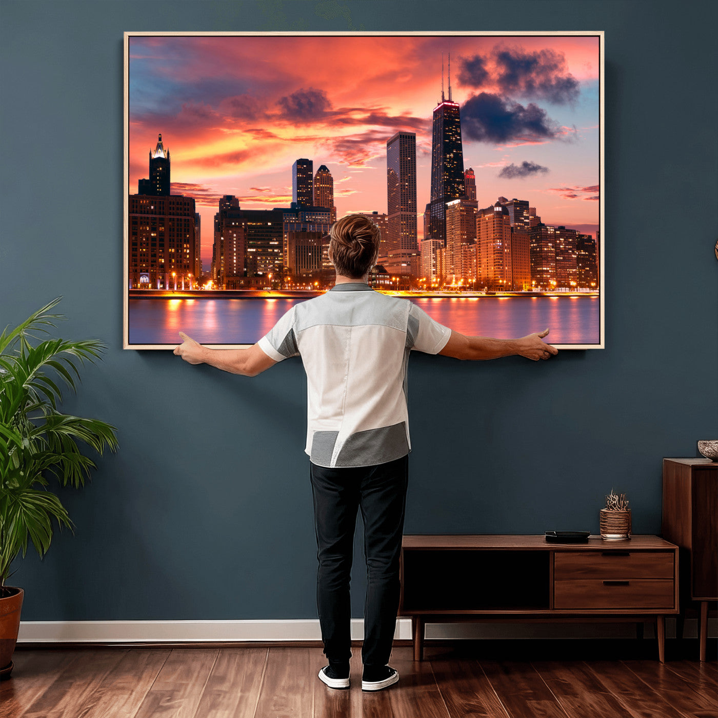 80390109-MGV-CV-36X24 - Chicago Wall Art Canvas Print, Chicago City Downtown Night Cityscape Print for Modern Urban Wall Decor