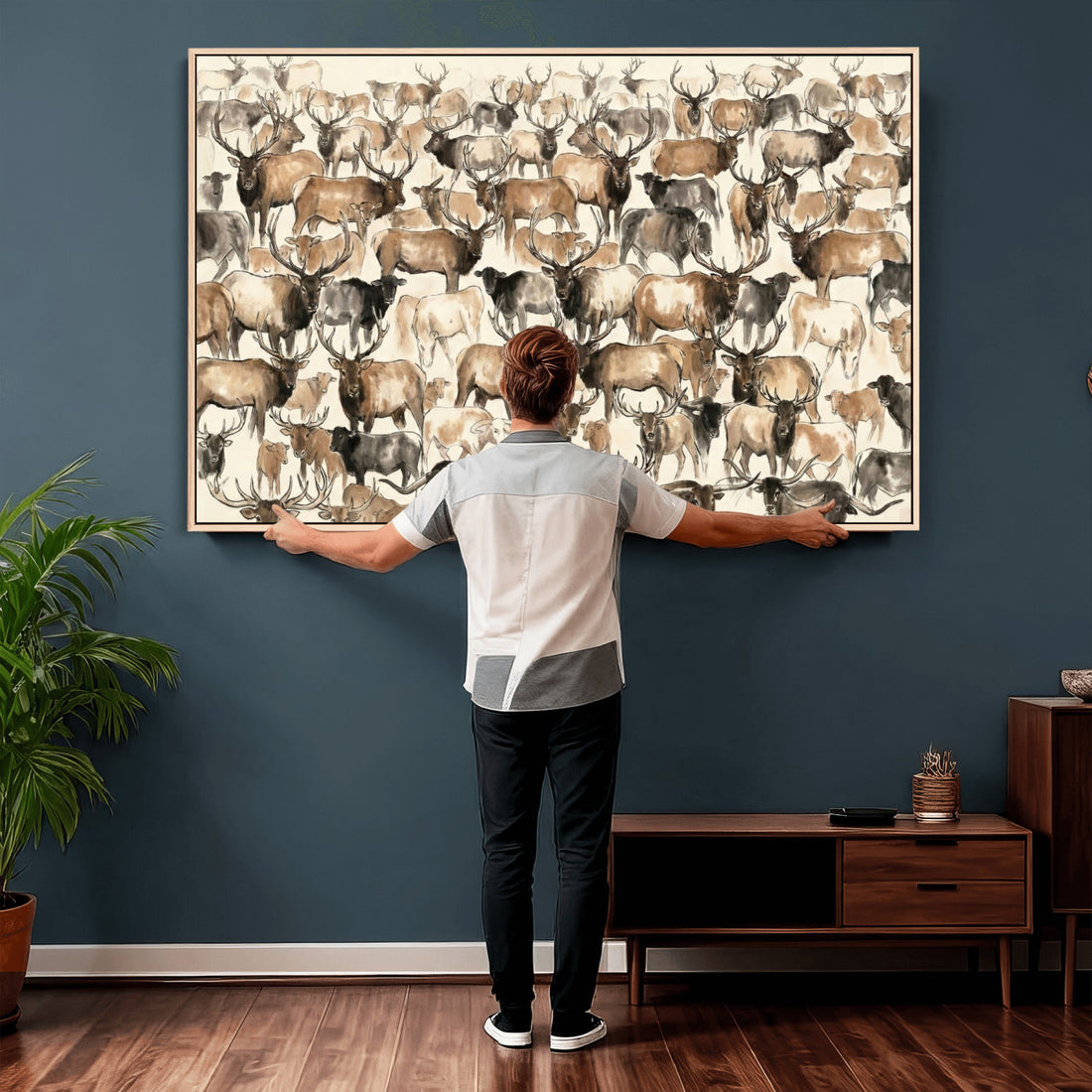 American Elk Wall Art Canvas Print, Abstract Deer Animal Drawing for Cabin Decor