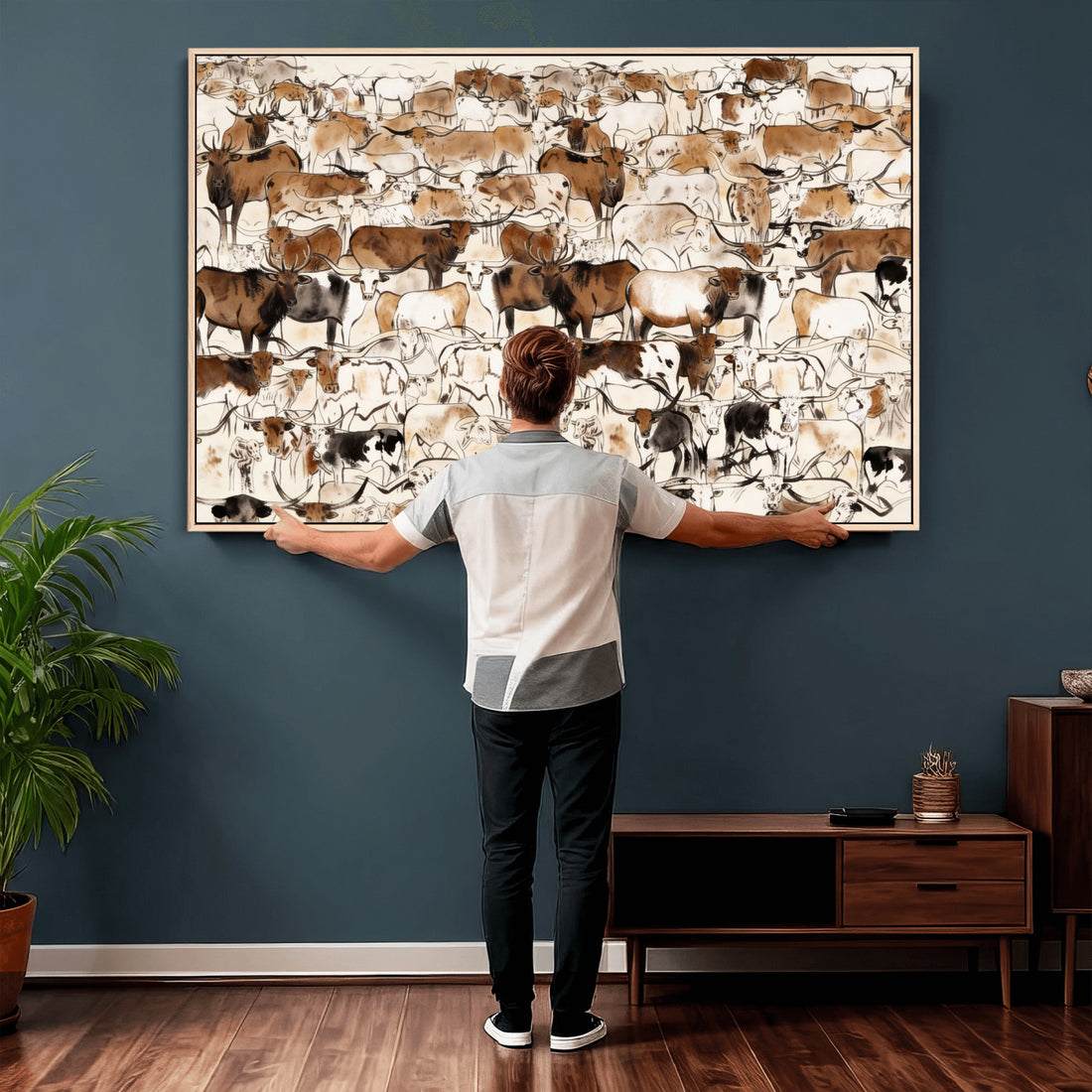 Large Longhorn Wall Art Canvas Print, Abstract Cow Animal Drawing, Mid-Century Cabin Decor