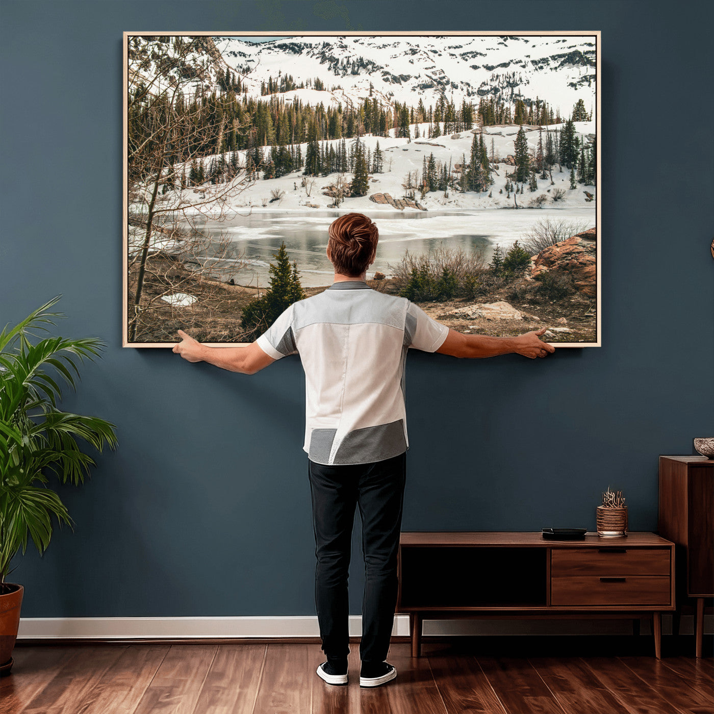 10336249-MGV-CV-36X24 - Snowy Mountain Landscape Wall Art Canvas Print, Alpine Pine Forest Winter Nature Wall Decor for Living Room and Office
