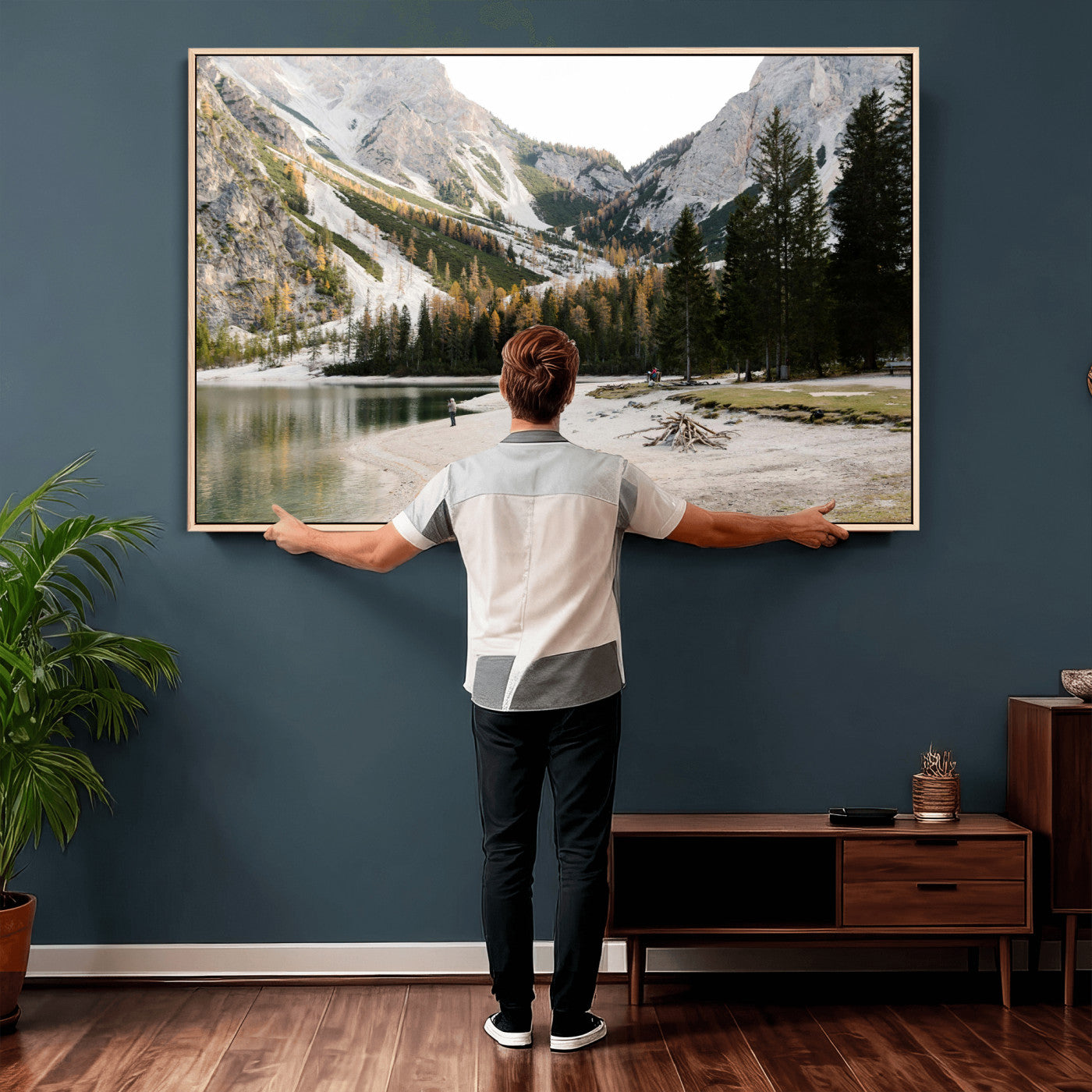 89246758-MGV-CV-36X24 - Lake Braies Alpine Landscape Wall Art Canvas Print, Dolomites Mountain Lake Forest Canvas Print, Italian Alps Scenic Nature Art Printing