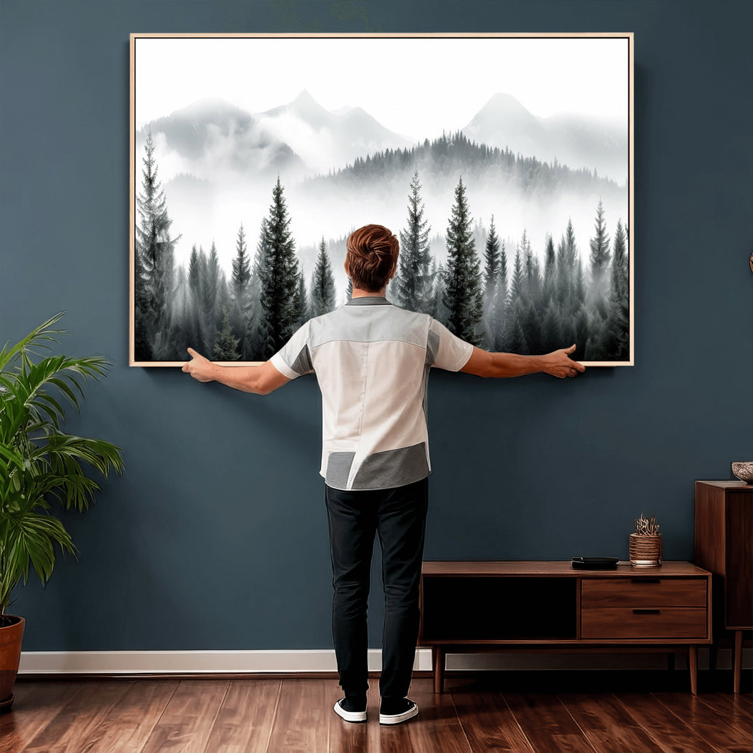 Misty Pine Forest Mountain Landscape Wall Art Canvas Print