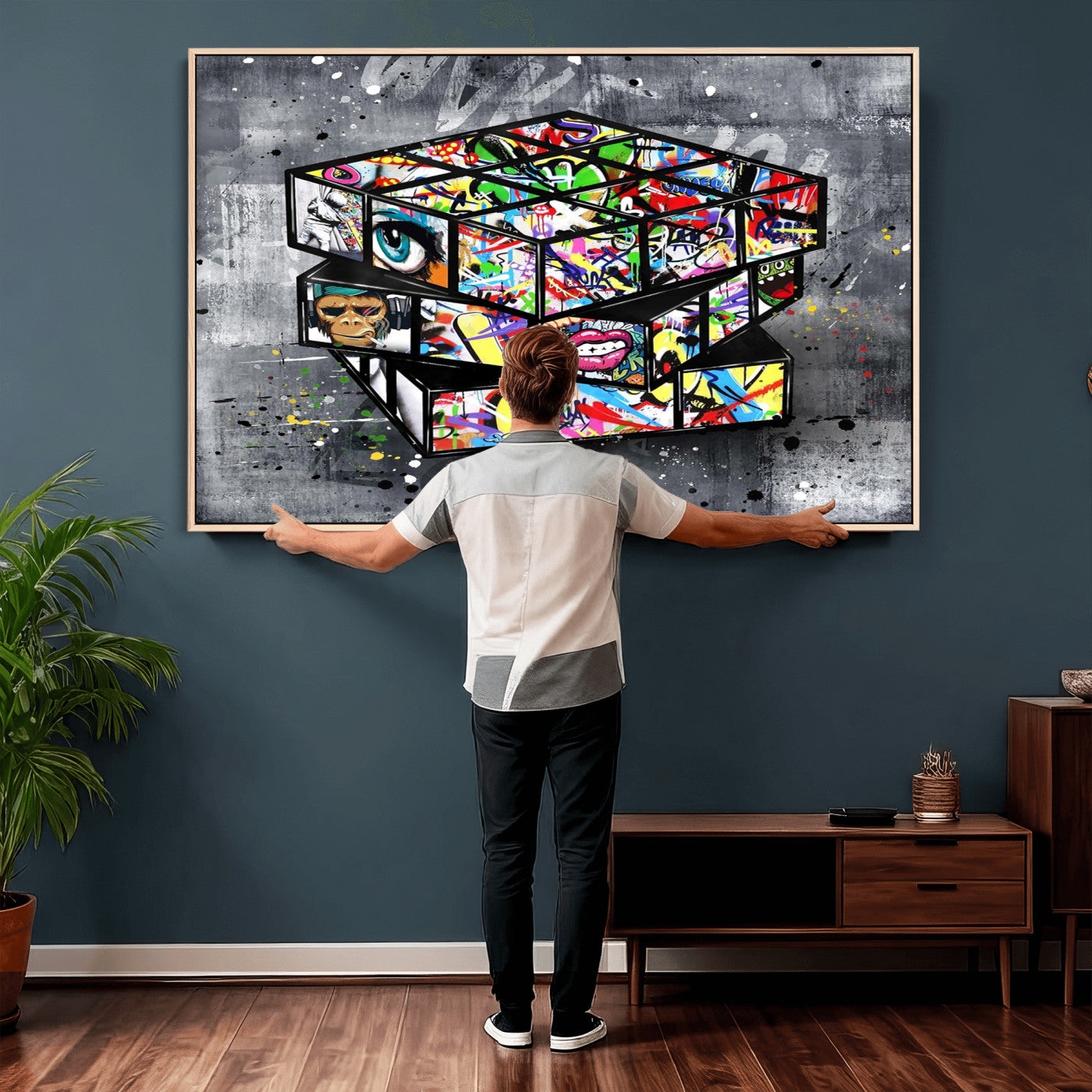 46789556-MGV-CV-36X24 - Graffiti Cube Abstract Street Art Wall Art Canvas Print, Colorful Urban Pop Art Geometric Canvas Print, Modern Street Art Contemporary Art Printing