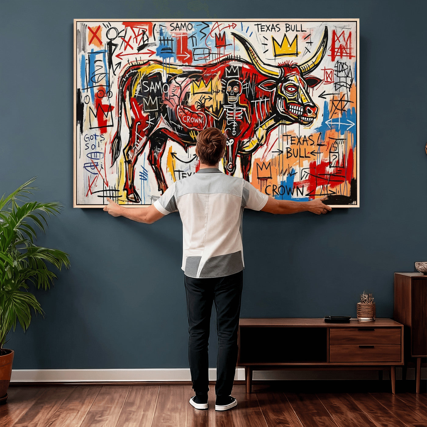 89504579-MGV-CV-36X24 - TITLE: Texas Bull Wall Art Canvas Print, Abstract Graffiti Bull Painting, Western Animal Art, Modern Ranch Decor