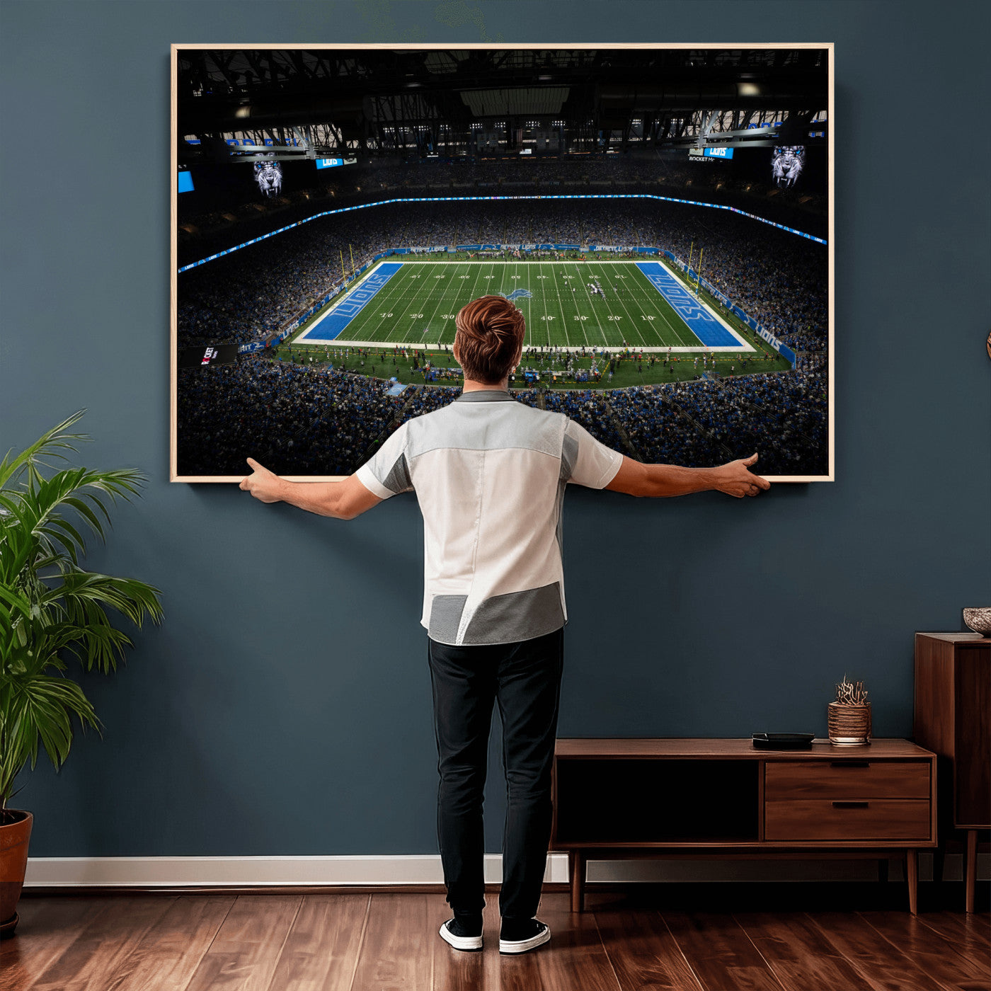 16709602-MGV-CV-36X24 - Detroit Lions Stadium Wall Art Canvas Print, Football Field Panorama Artwork, NFL Game Night Stadium Decor