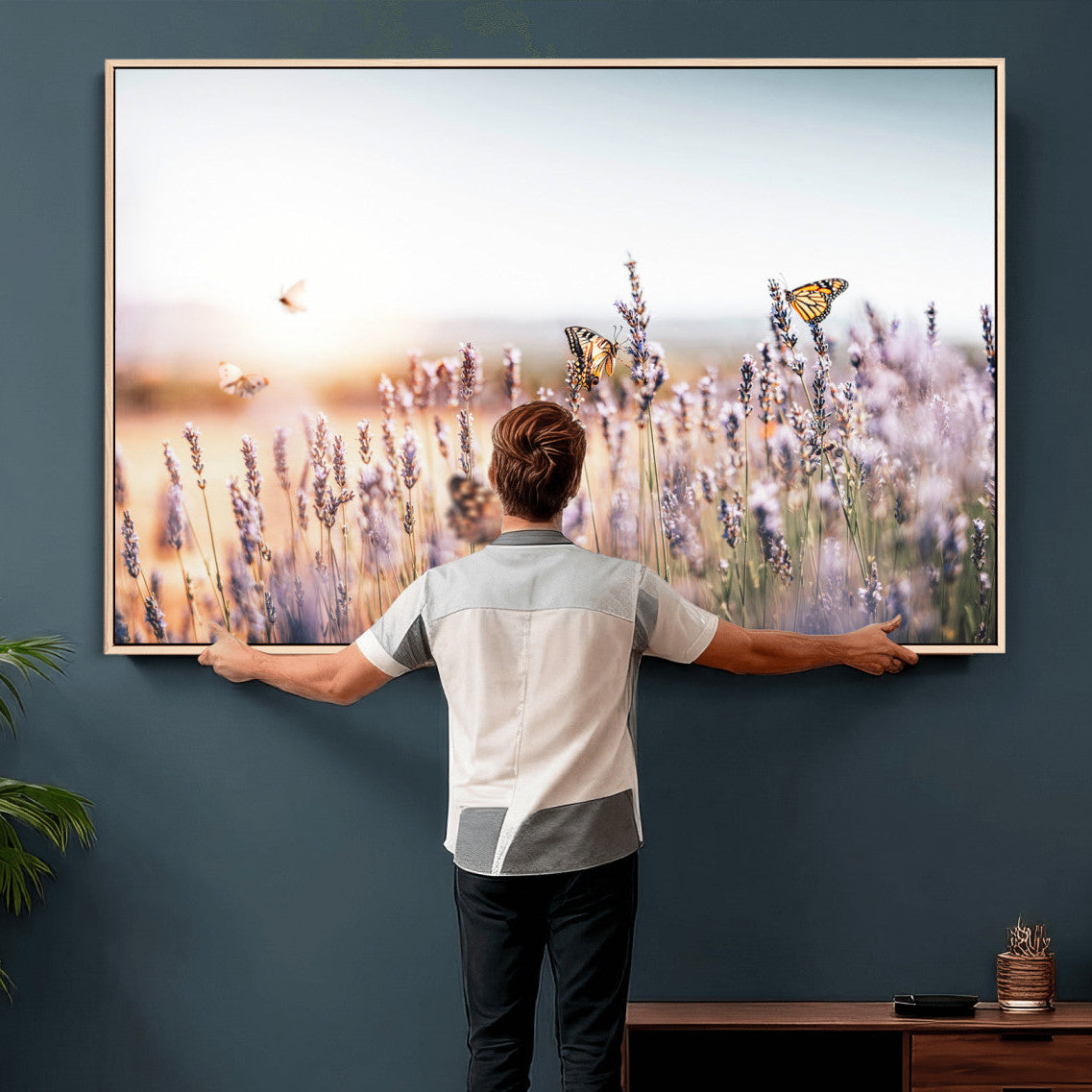 46417478-MGV-CV-36X24 - Lavender Field Wall Art Canvas Print, Butterfly Floral Landscape Art, Soft Nature Wall Decor for Bedroom