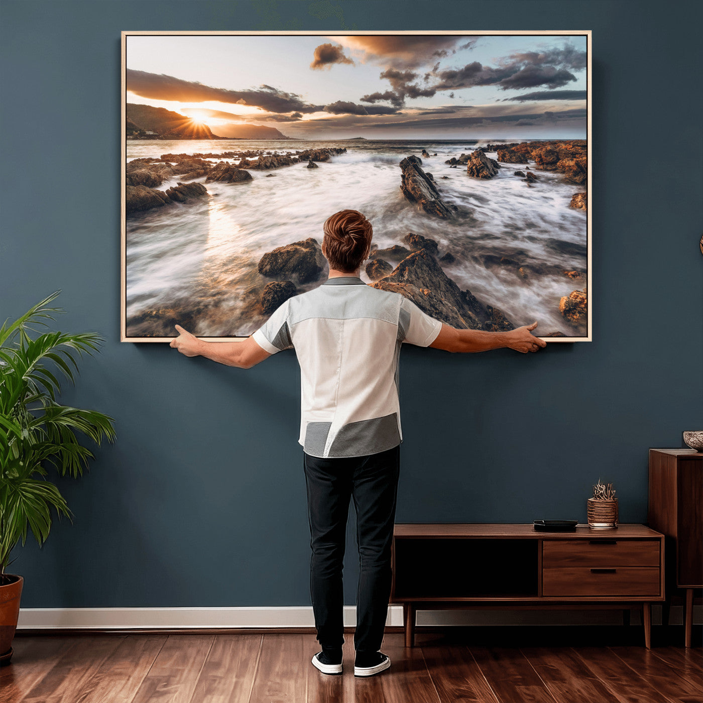 66746024-MGV-CV-36X24 - Rocky Coast Ocean Sunset Wall Art Canvas Print, Dramatic Seascape Nature Wall Decor for Living Room and Office