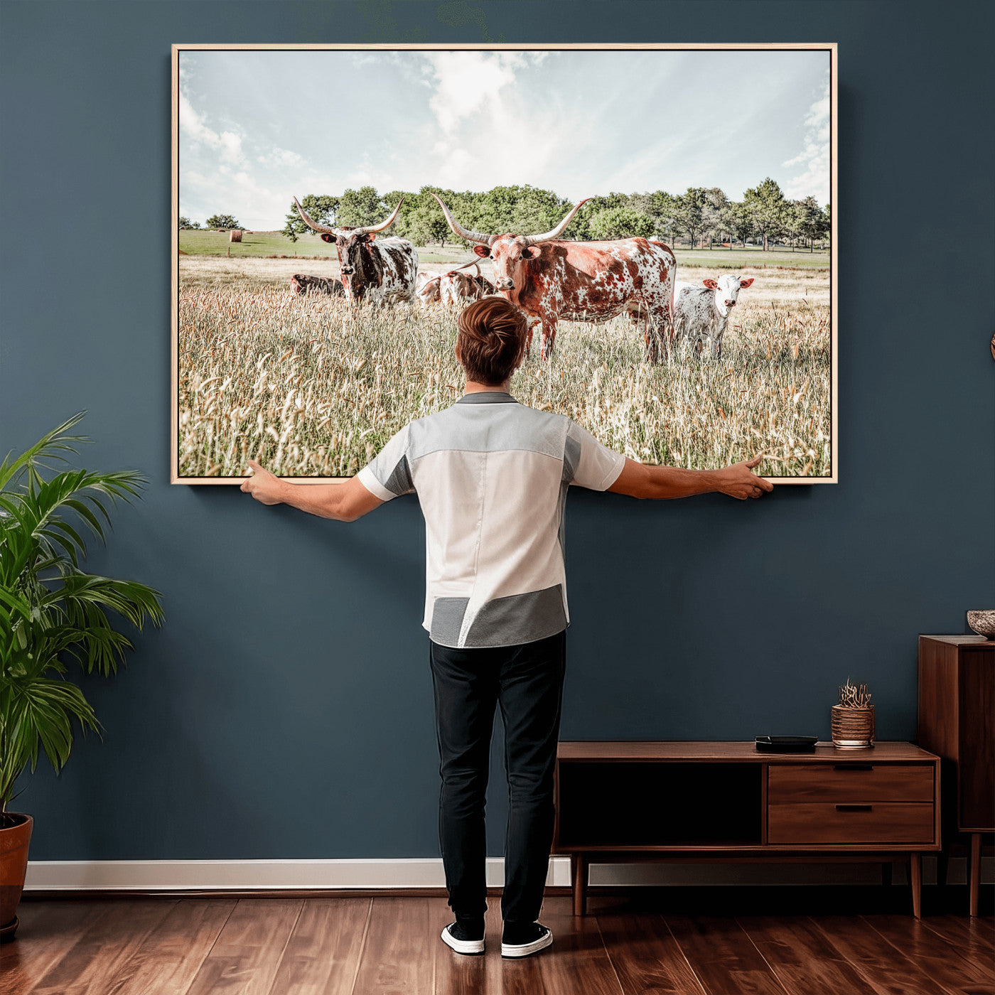 33963645-MGV-CV-36X24 - Texas Longhorn Cattle Wall Art Canvas Print, Western Ranch Landscape Nature Wall Decor for Living Room and Office