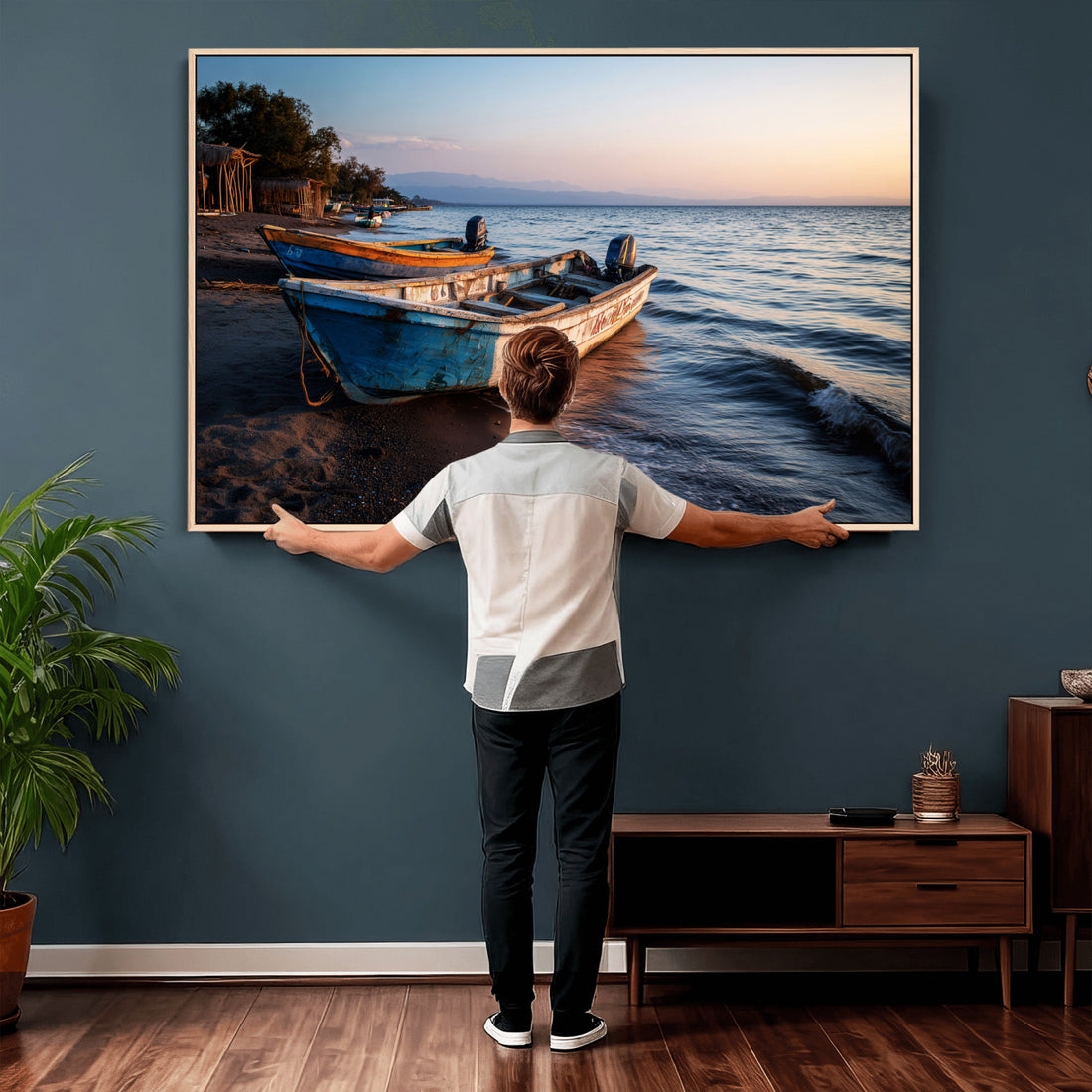 Coastal Fishing Boats Wall Art Canvas Print, Sunset Beach