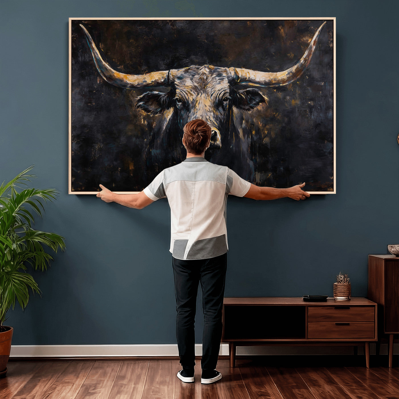 17622011-MGV-CV-36X24 - Abstract Longhorn Bull Wall Art Canvas Print – Dark Rustic Western Cattle Artwork for Farmhouse, Ranch, Cabin, and Office Decor