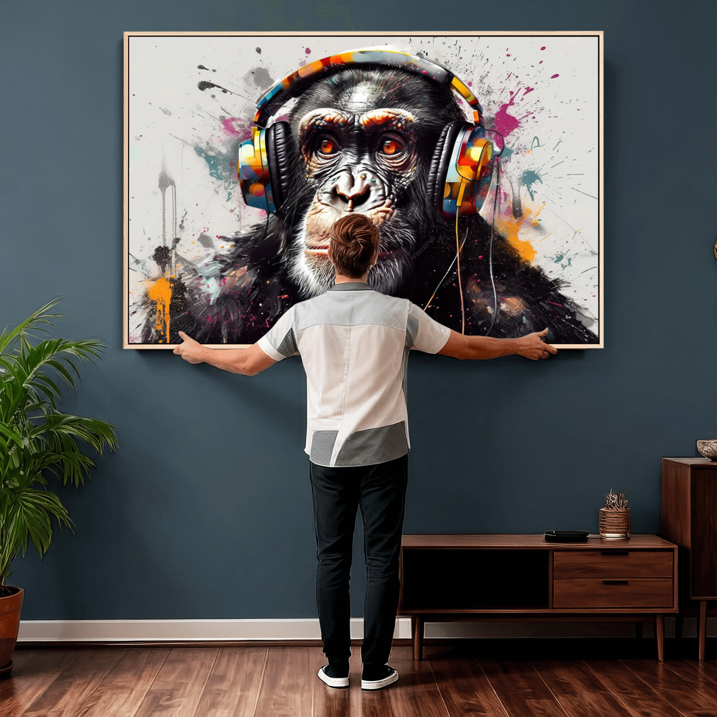 31244985-MGV-CV-36X24 - Dj Monkey Wall Art Canvas Print – Colorful Pop Art Banksy Graffiti Chimpanzee Print
