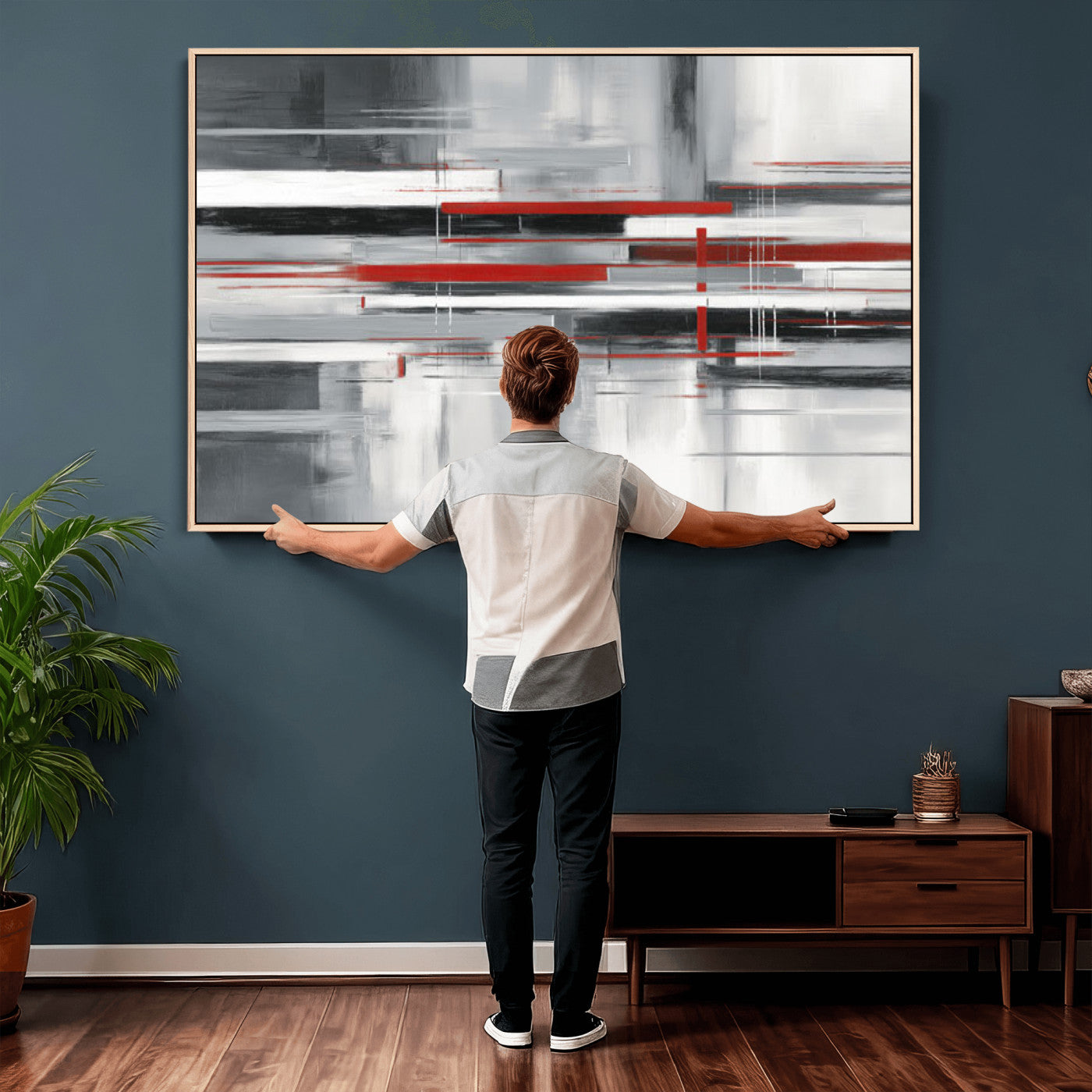 62640681-MGV-CV-36X24 - Gray Red Abstract Wall Art Canvas Print, Modern Abstract Canvas Wall Decor for Contemporary Living Room and Office