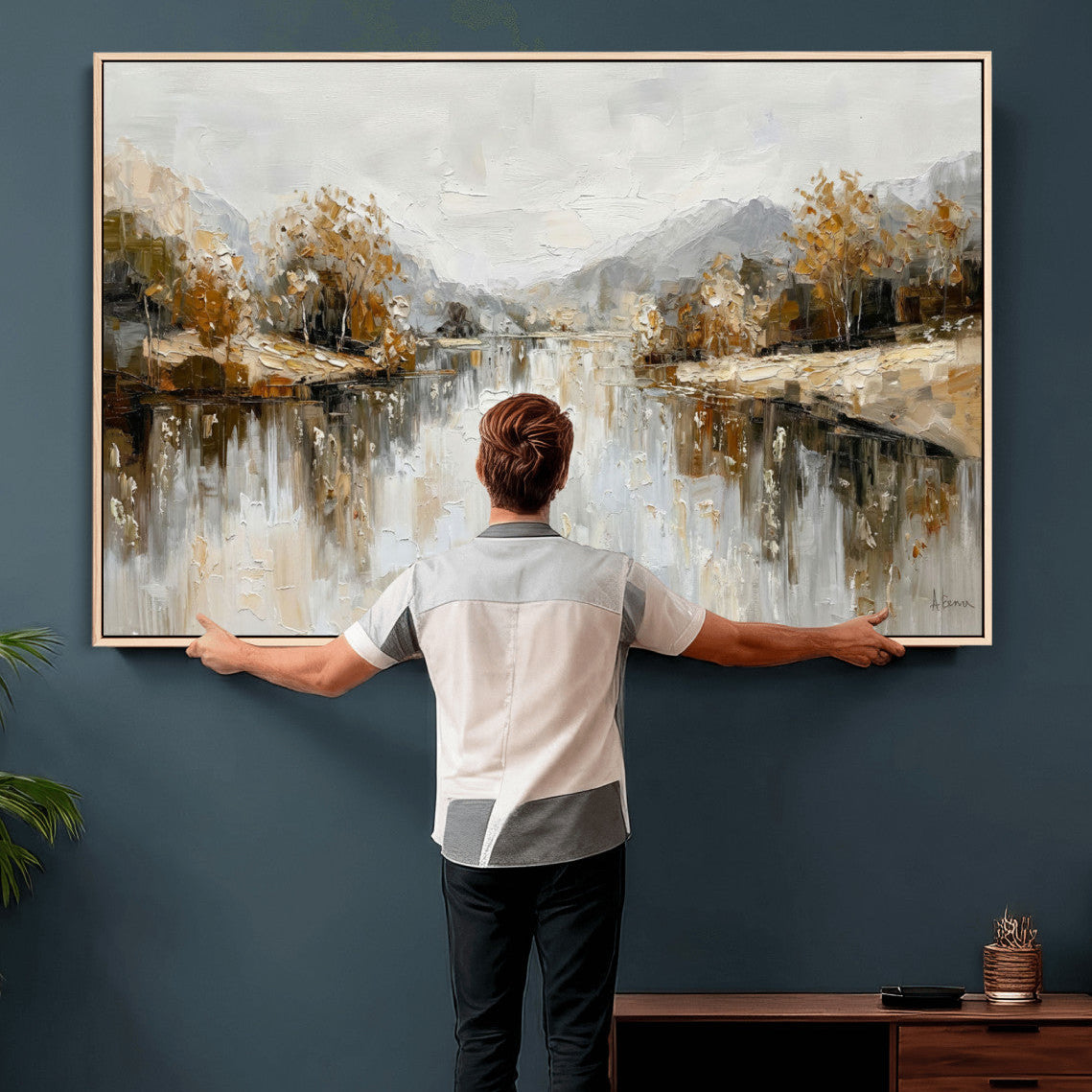 75820239-MGV-CV-36X24 - Abstract Landscape Wall Art Canvas Print, Modern Lake Printing Wall Decor for Contemporary Interiors