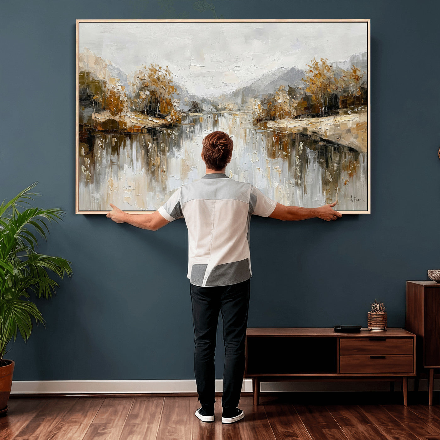 78227690-MGV-CV-36X24 - Neutral Abstract Lake Landscape Wall Art Canvas Print, Modern Minimal River Reflection Canvas Print, Beige Gray Contemporary Nature Art Printing