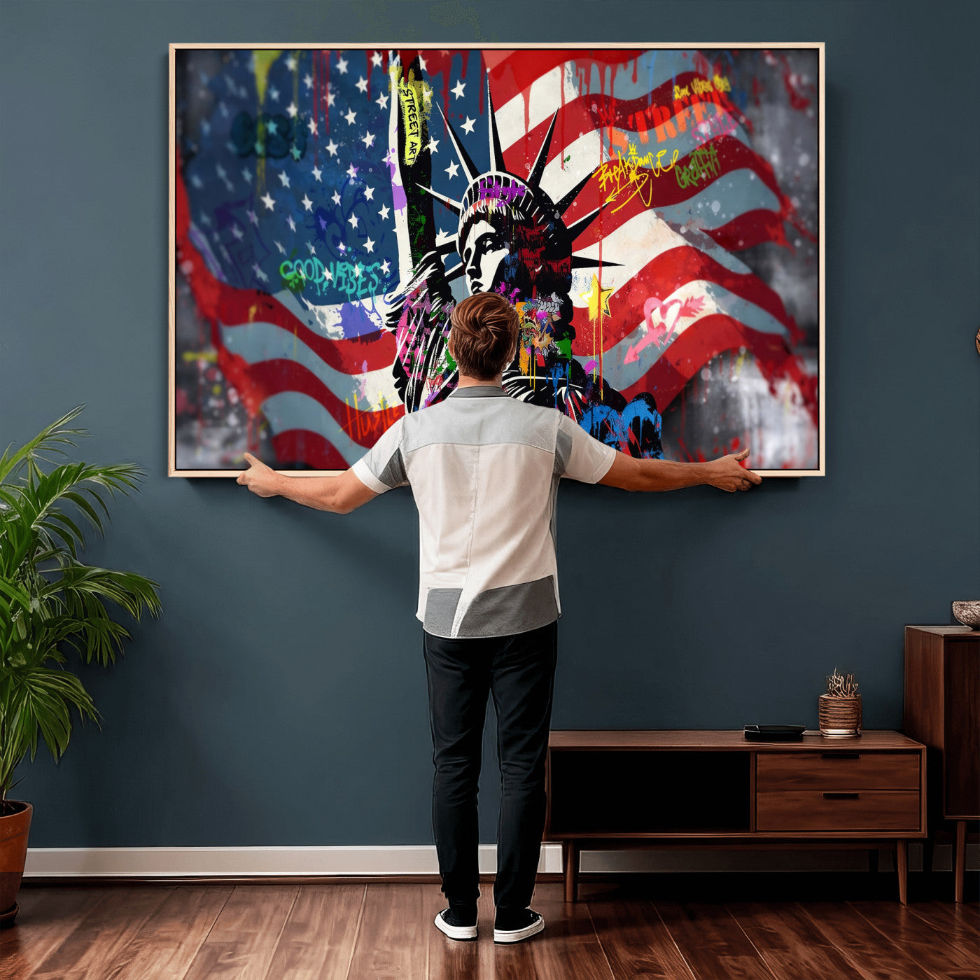 32151941-MGV-CV-36X24 - USA Statue of Liberty Graffiti Street Art Wall Art Canvas Print, American Flag Urban Pop Art Canvas Print, Modern Patriotic Street Art Contemporary Art Printing