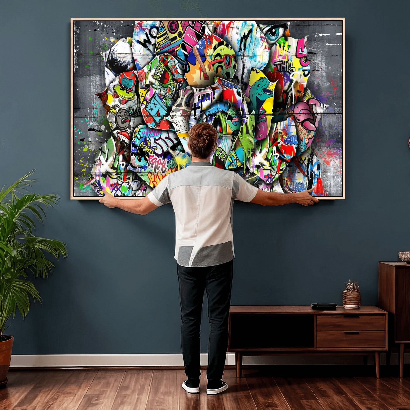 77553344-MGV-CV-36X24 - Abstract Graffiti Collage Street Art Wall Art Canvas Print, Colorful Urban Pop Art Canvas Print, Modern Graffiti Patchwork Contemporary Art Printing