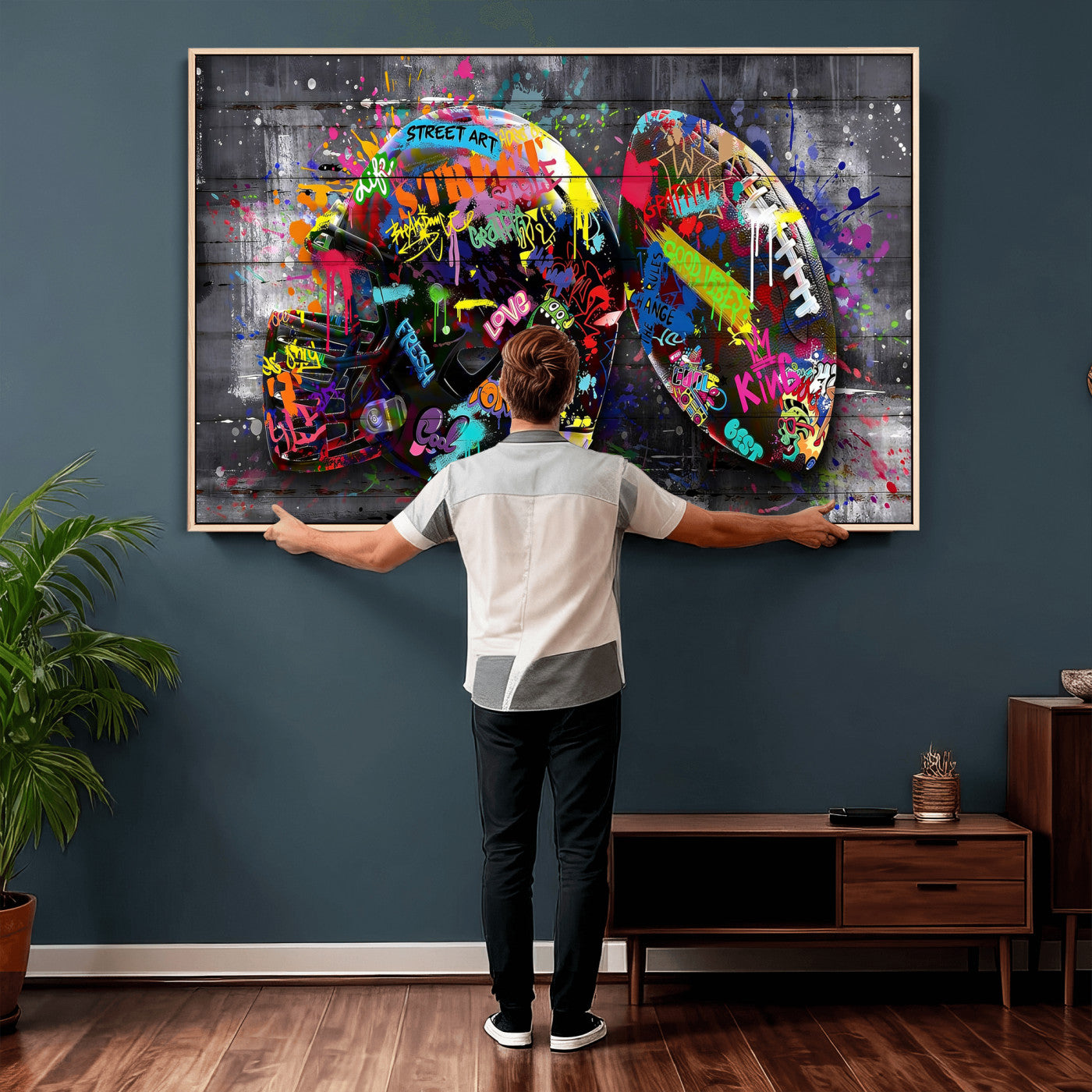80540773-MGV-CV-36X24 - Graffiti American Football Helmet Street Art Wall Art Canvas Print, Urban Sports Pop Art Football Canvas Print, Colorful Graffiti Sports Contemporary Art Printing