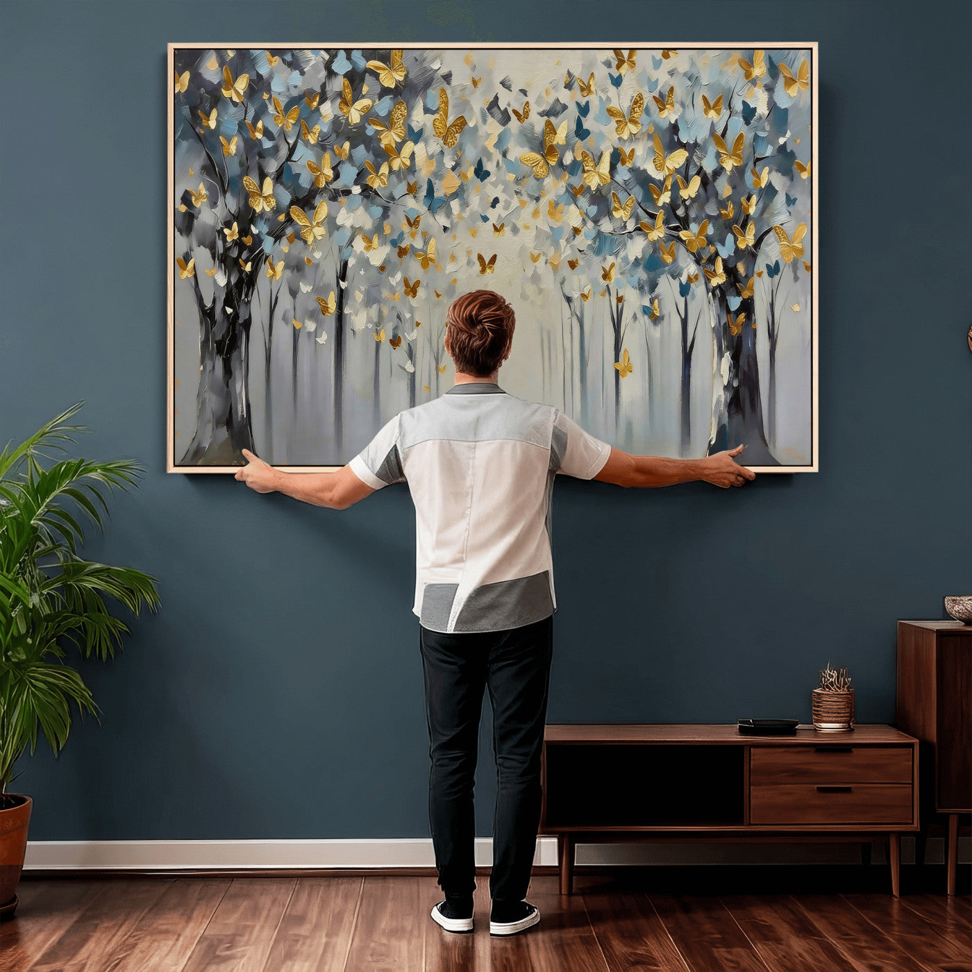 79208191-MGV-CV-36X24 - Golden Butterfly Tree Abstract Wall Art Canvas Print, Modern Elegant Nature Painting Canvas Print, Blue Gold Contemporary Floral Art Printing