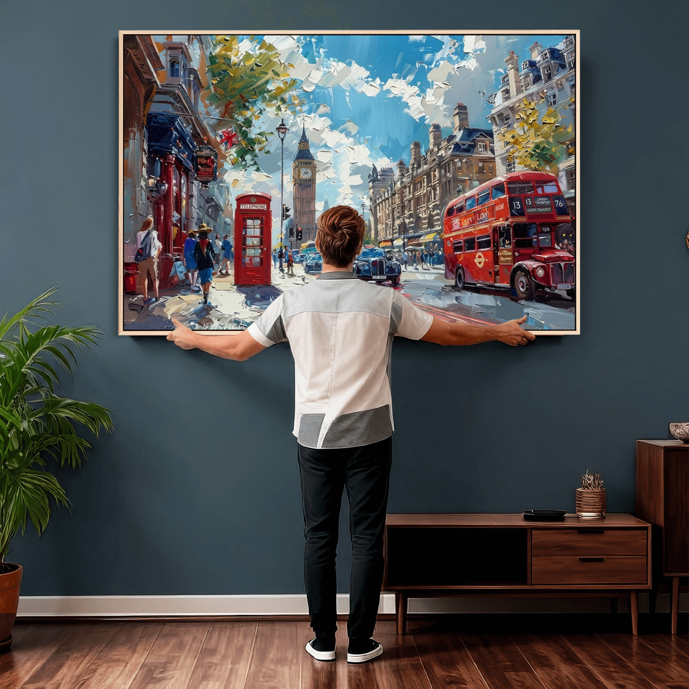 17630888-MGV-CV-36X24 - Modern London City Street Wall Art Canvas Print, Big Ben & Red Bus Artwork Canvas Print