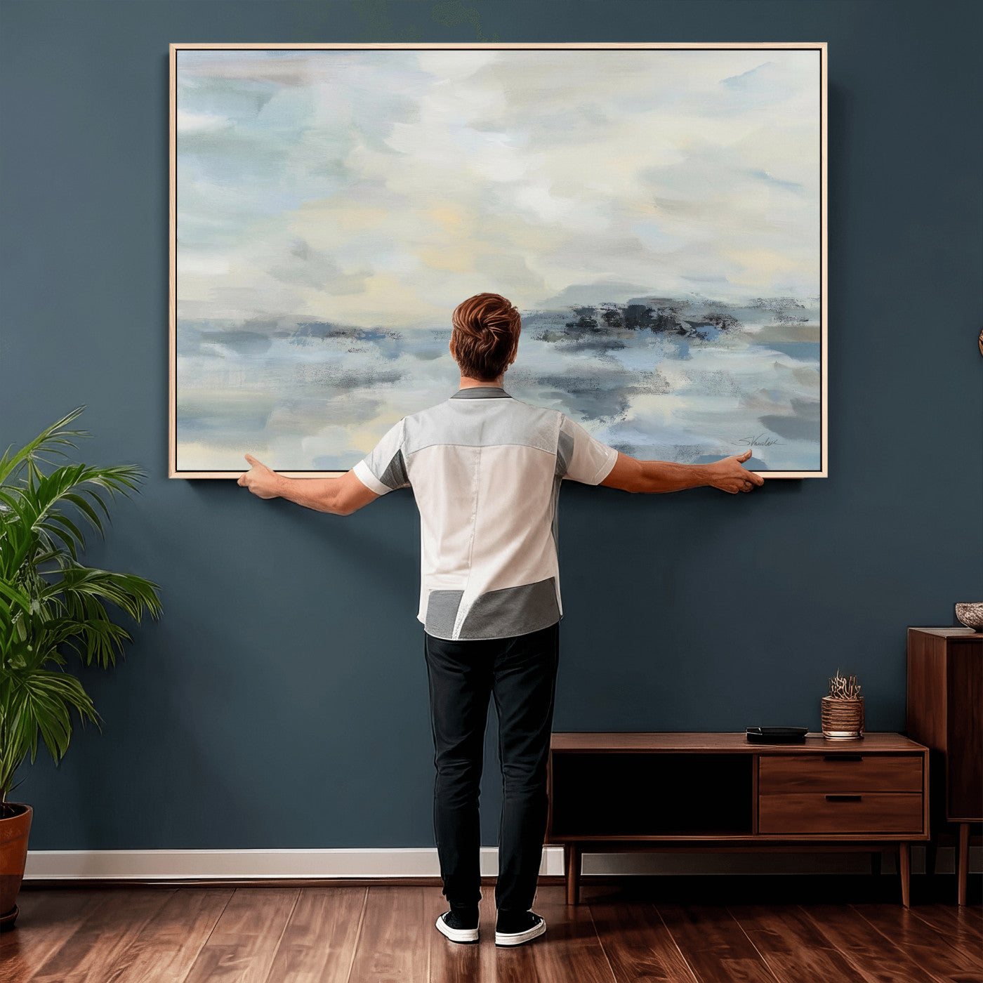 24647355-MGV-CV-36X24 - Abstract Coastal Landscape Wall Art Canvas Print – Soft Blue Gray Minimalist Painting