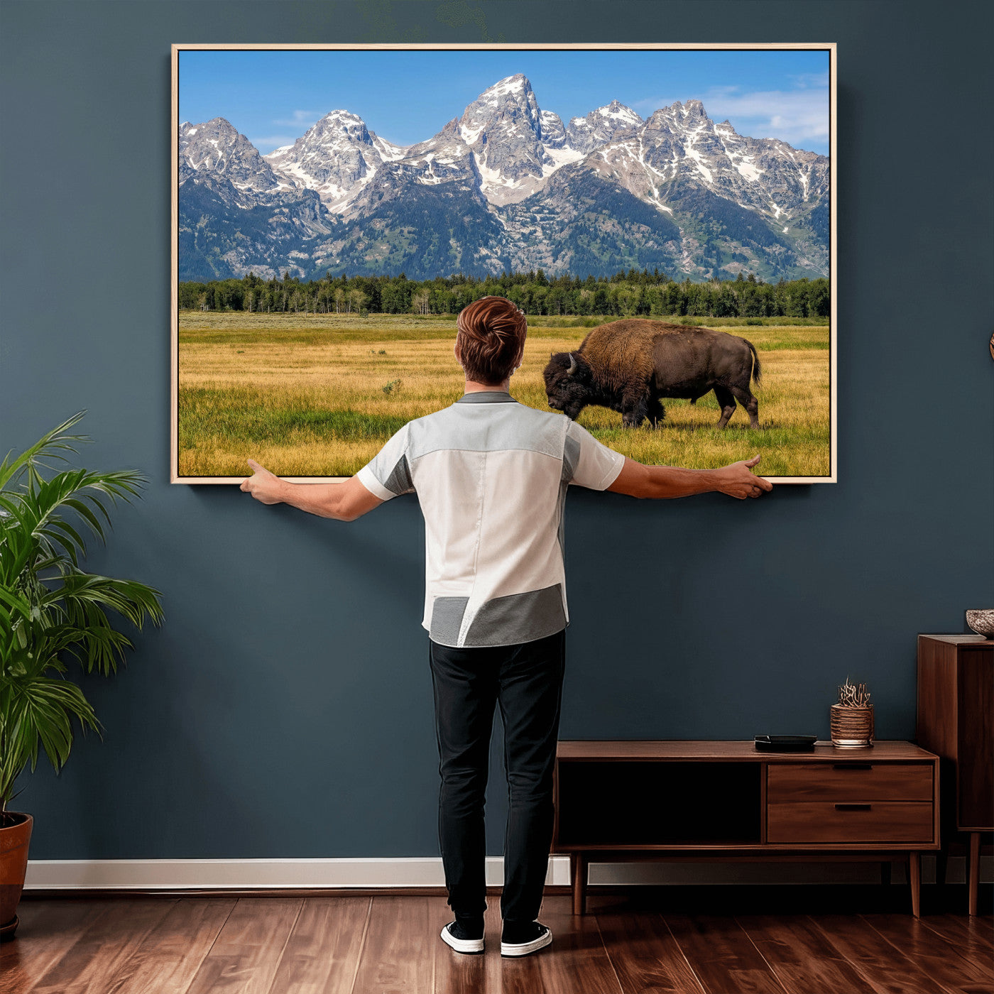 20424529-MGV-CV-36X24 - Bison in Mountain Landscape Wall Art Canvas Print – Western Wildlife Artwork for Rustic Living Room Decor