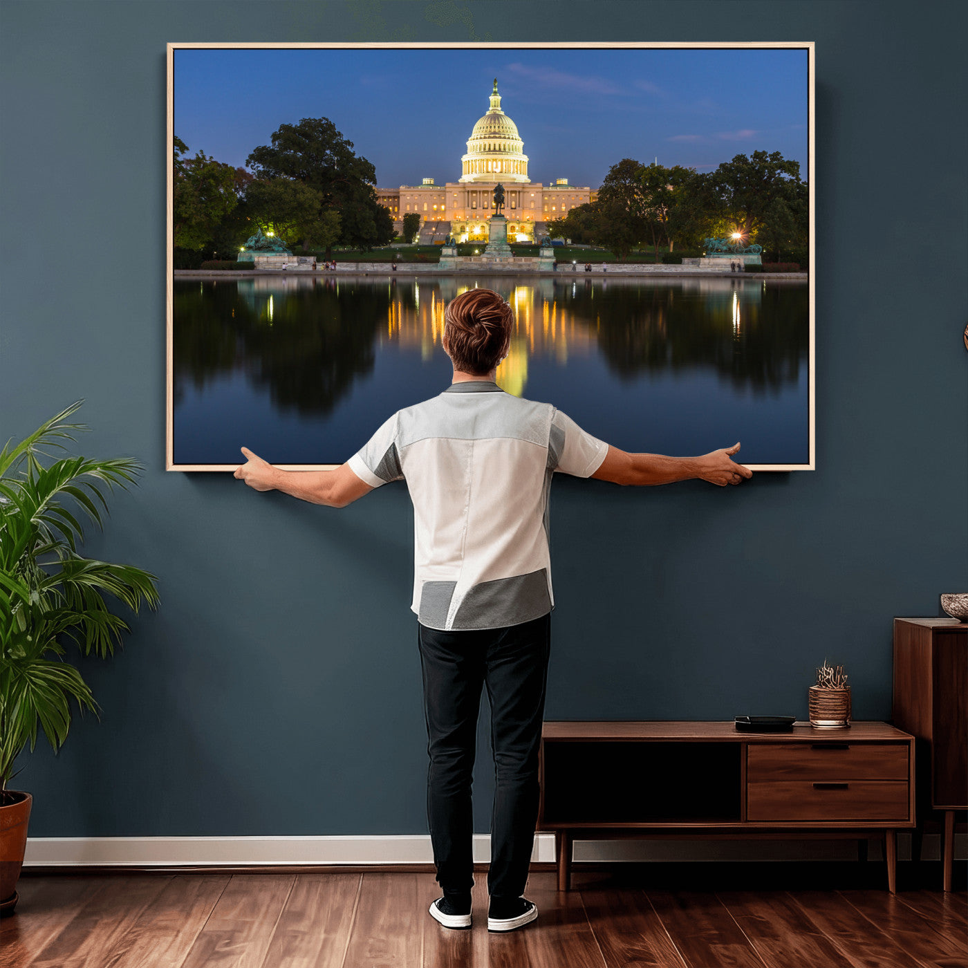 95568590-MGV-CV-36X24 - US Capitol Building Wall Art Canvas Print – Washington DC Landmark Night Reflection Artwork for Office Decor